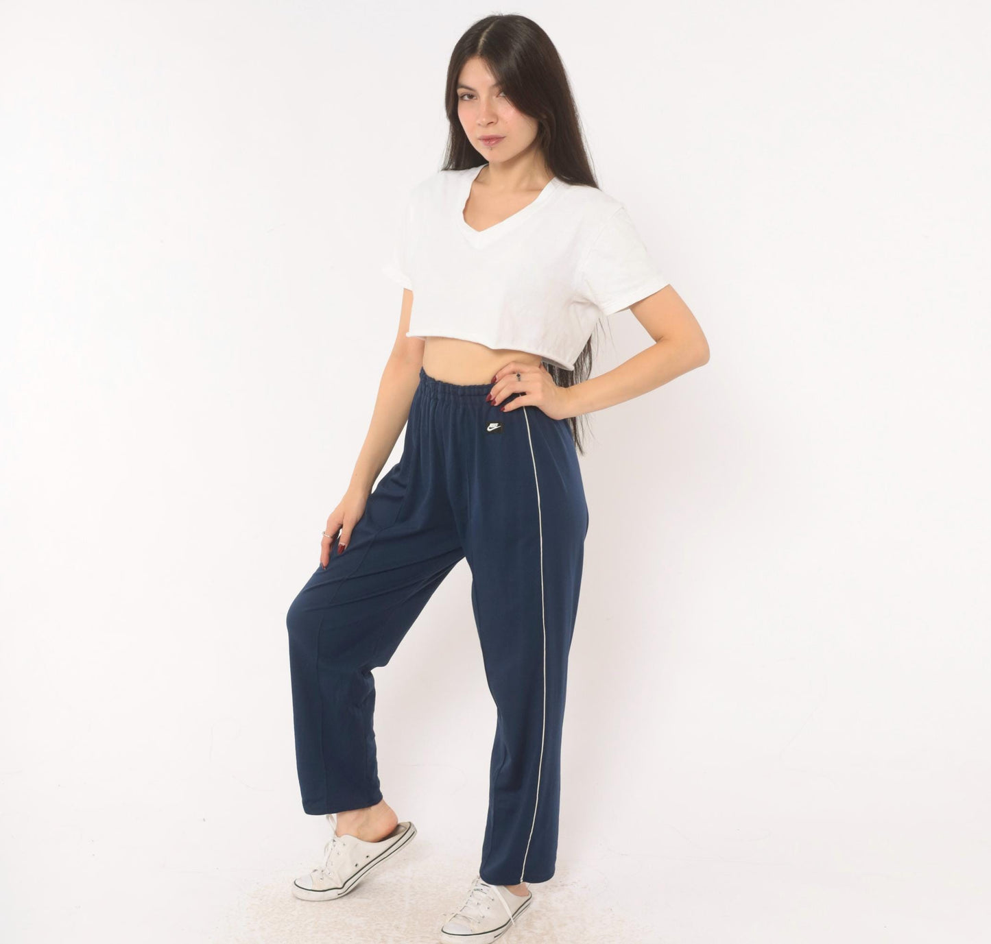 2000s Nike Navy Track Pants White Piping Straight Leg Extra Small XS