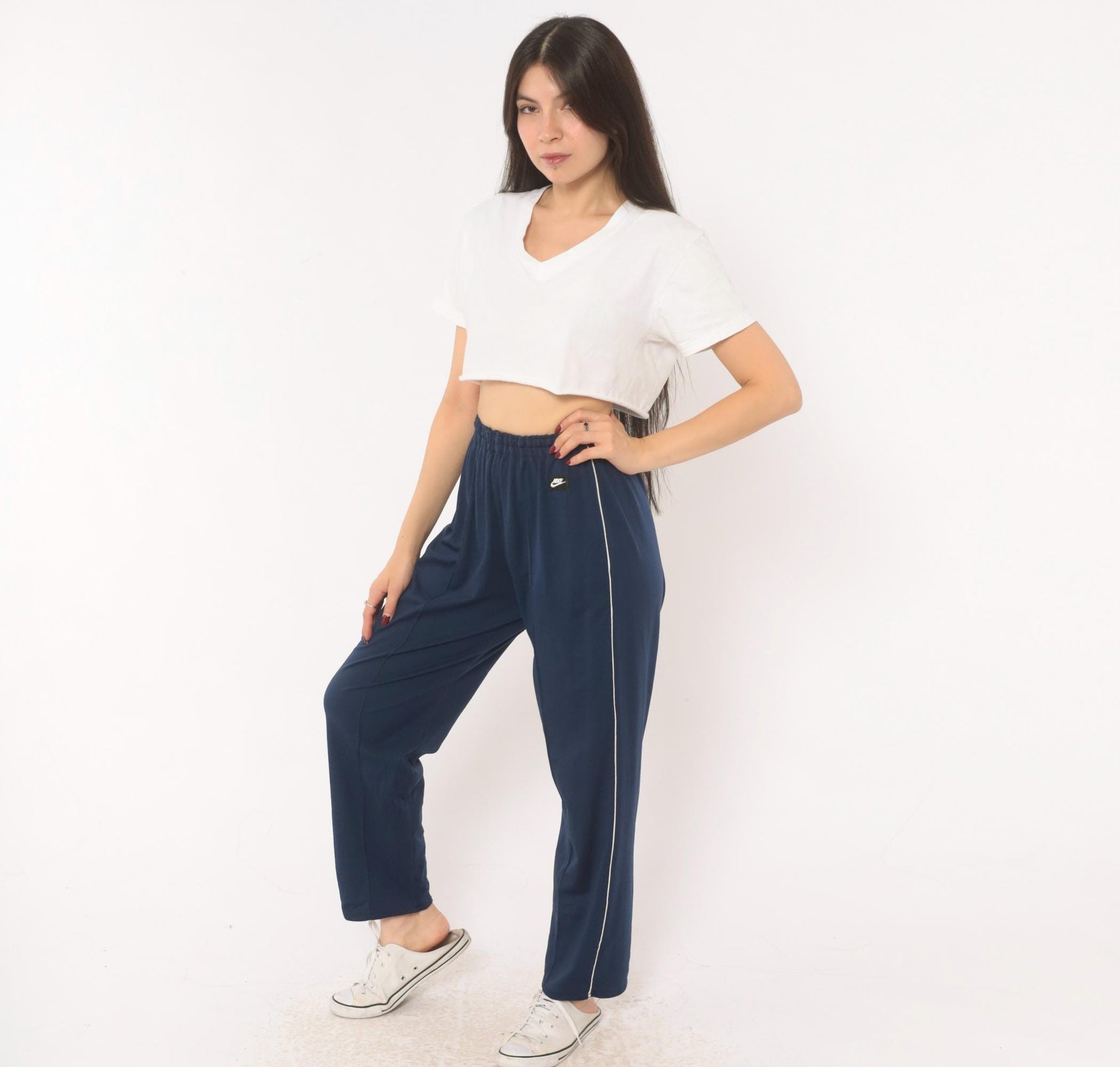2000s Nike Navy Track Pants White Piping Straight Leg Extra Small XS