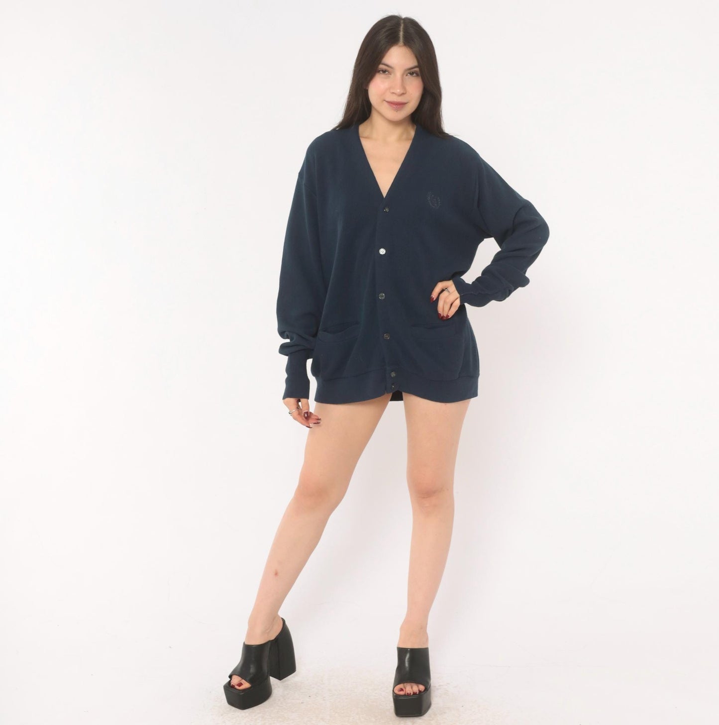 Geoffrey Beene Navy Cardigan V-Neck Button Front Knit Sweater Medium M