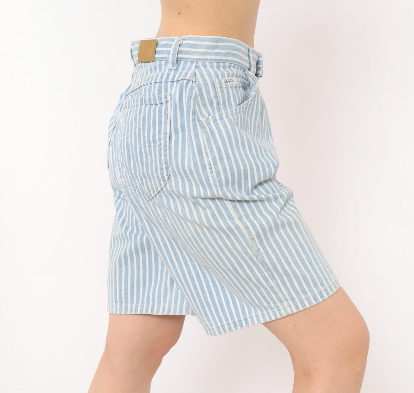 90s Lee High Waist Pinstriped Denim Shorts Blue White Bermuda Medium M