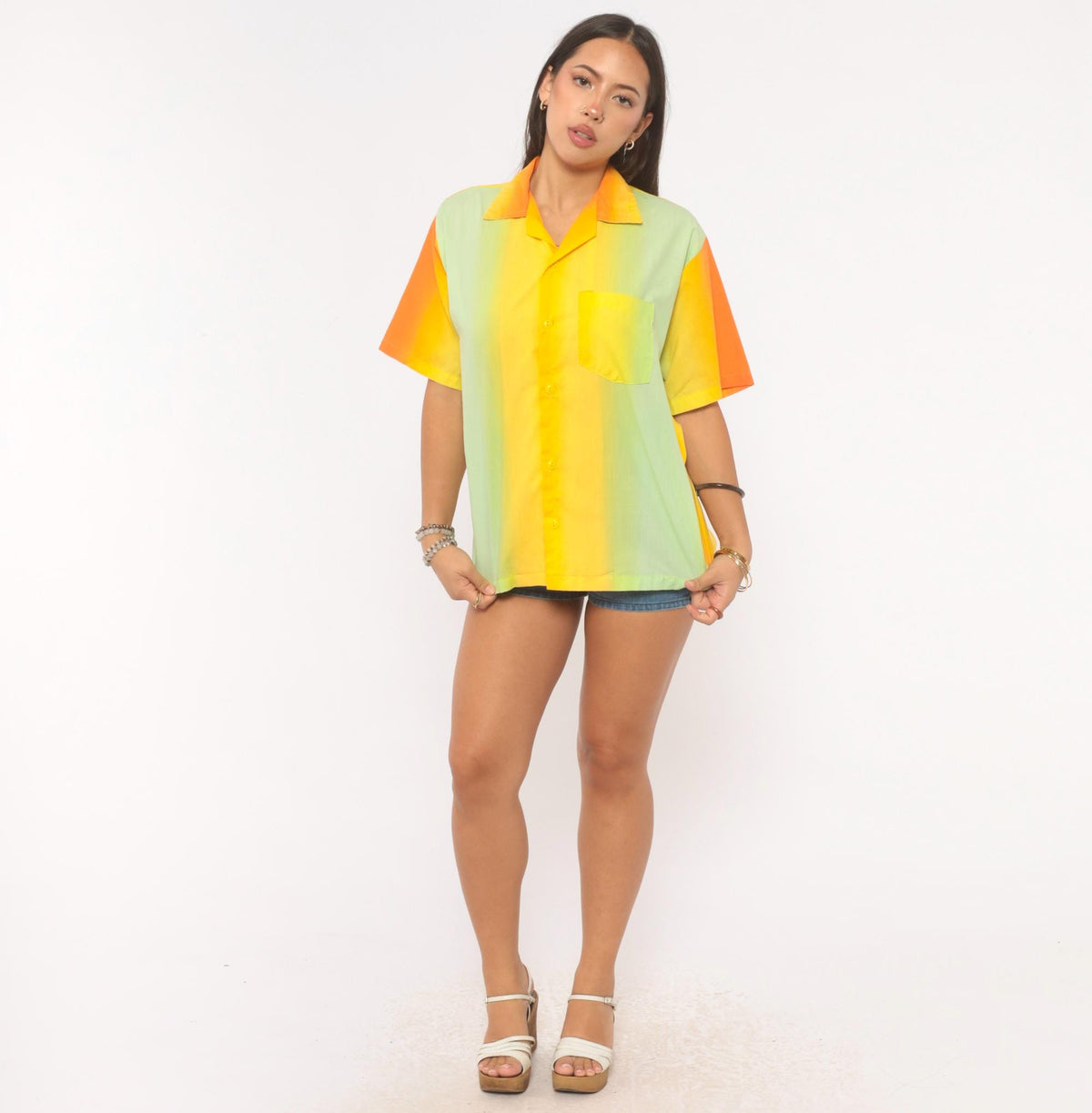 70s Gradient Camp Collar Shirt Orange Yellow Green Colorblock Medium