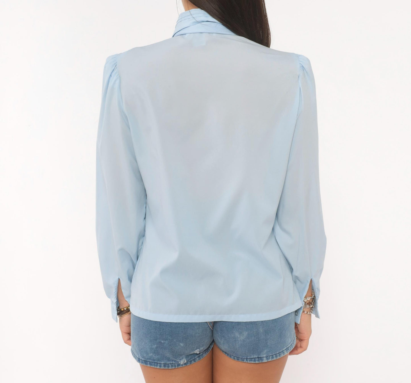 70s Judy Bond Sky Blue Pussy Bow Blouse Puff Sleeve Pintuck Medium