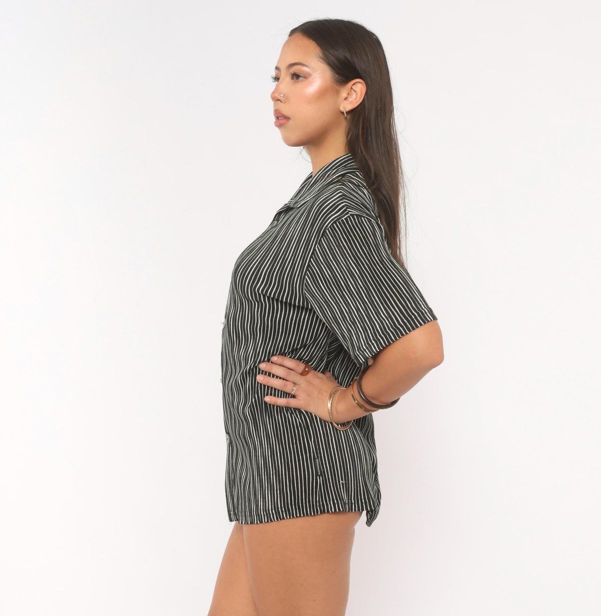 Y2K Black Pinstripe Button Up Camp Collar Shirt White Stripe Short Sleeve Small