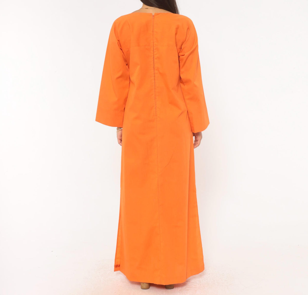 70s Orange Embroidered Maxi Dress Cotton Floral Bell Sleeve Boat Neck Medium M