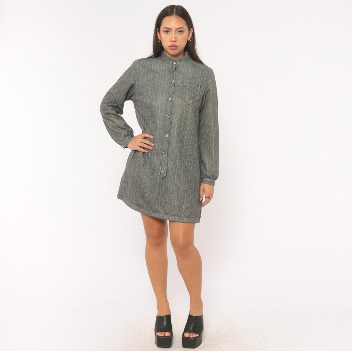 60s Tina's Pinstripe Shirt Dress Grey Mandarin Collar Medium M