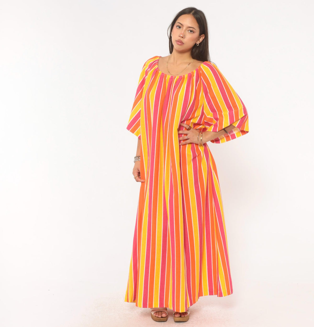 70s Striped Caftan Orange Pink Yellow Cotton Maxi Dress Flutter Sleeve Plus Size 3X