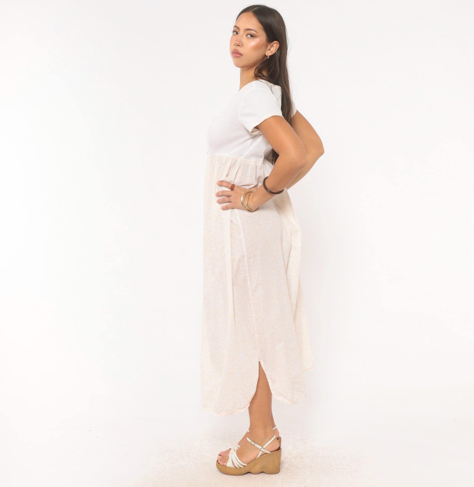 90s Victoria's Secret Floral Maxi Dress White Cotton Empire Waist Small S