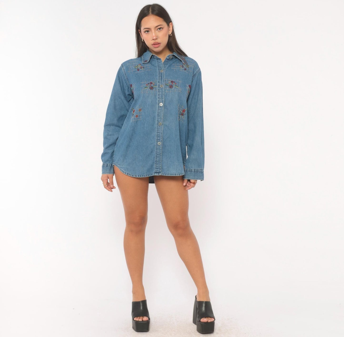 90s Floral Embroidered Denim Shirt Cotton Button-Up Lattice Trellis Large L
