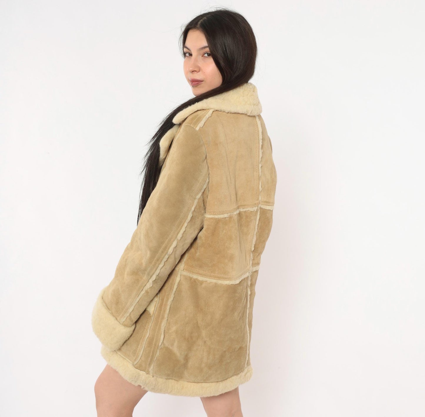 70s Tan Suede Shearling Jacket Wool Lined Cream Sherpa Collar Extra Large XL