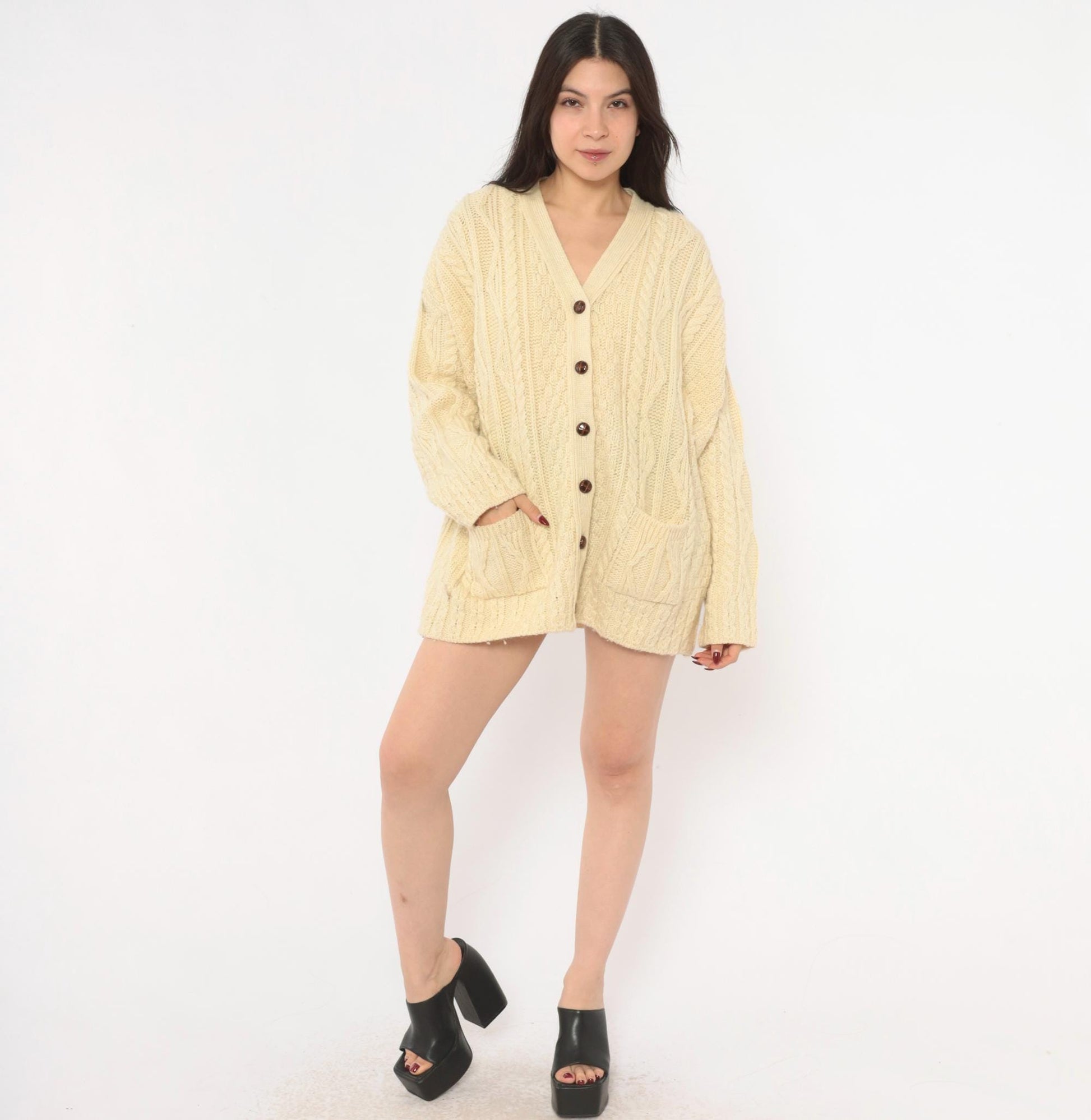 80s Celtic Country Cable Knit Cardigan Cream Wool Button Front Large L