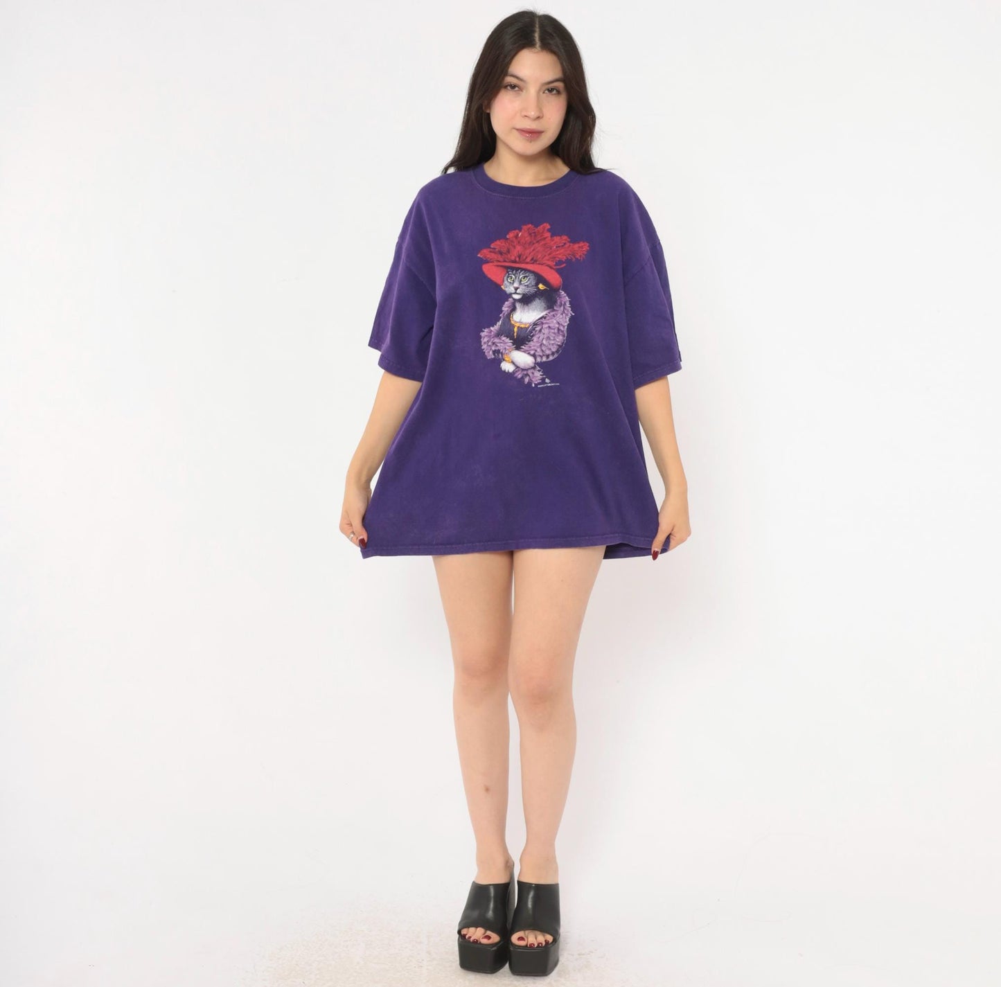 Y2K Gildan Cat Graphic Tee Purple Feather Boa Red Hat Extra Large XL