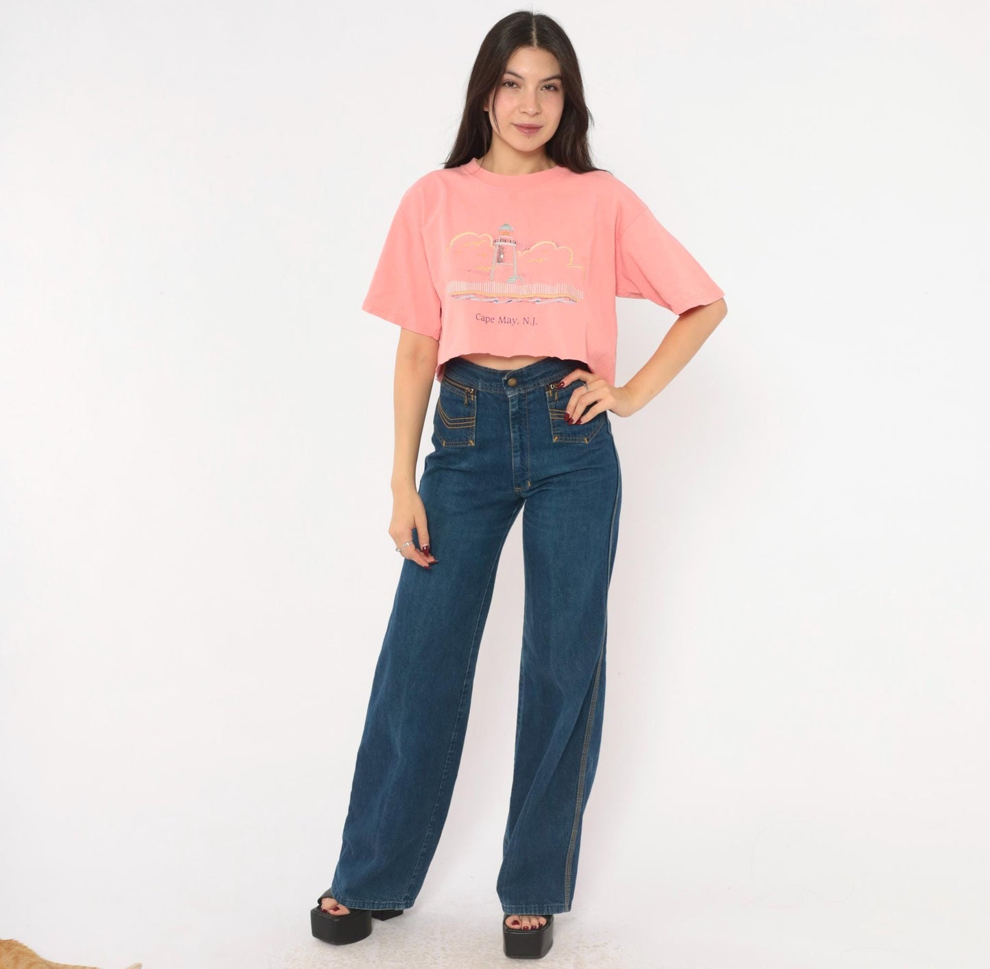90s Anvil Lighthouse Cape May Crop Top Embroidered Cotton Pink Large L
