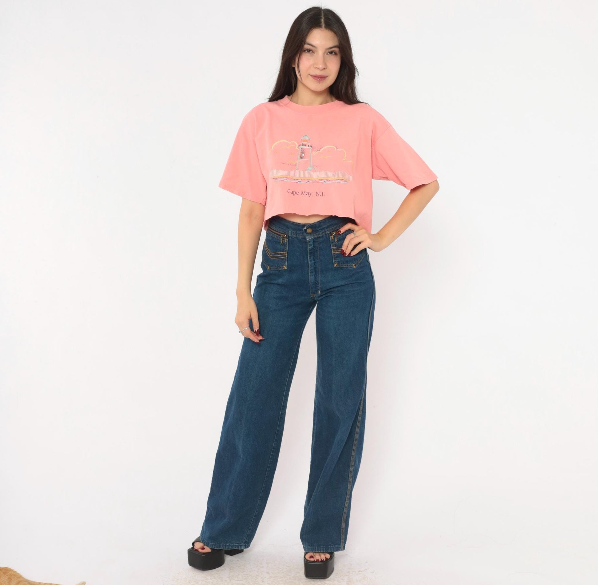 90s Anvil Lighthouse Cape May Crop Top Embroidered Cotton Pink Large L