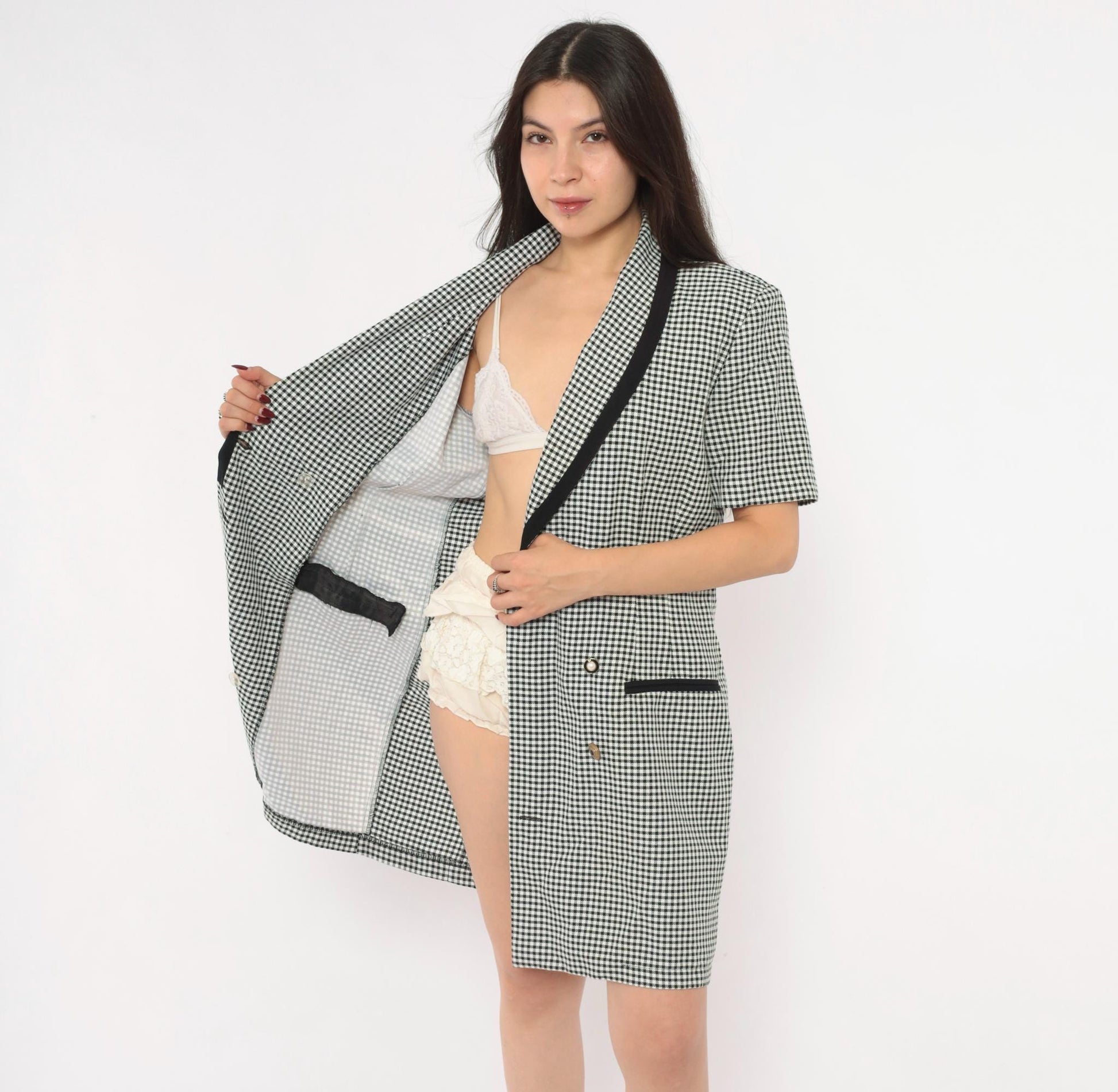 80s Danny & Nicole Gingham Blazer Dress Black White Check Large