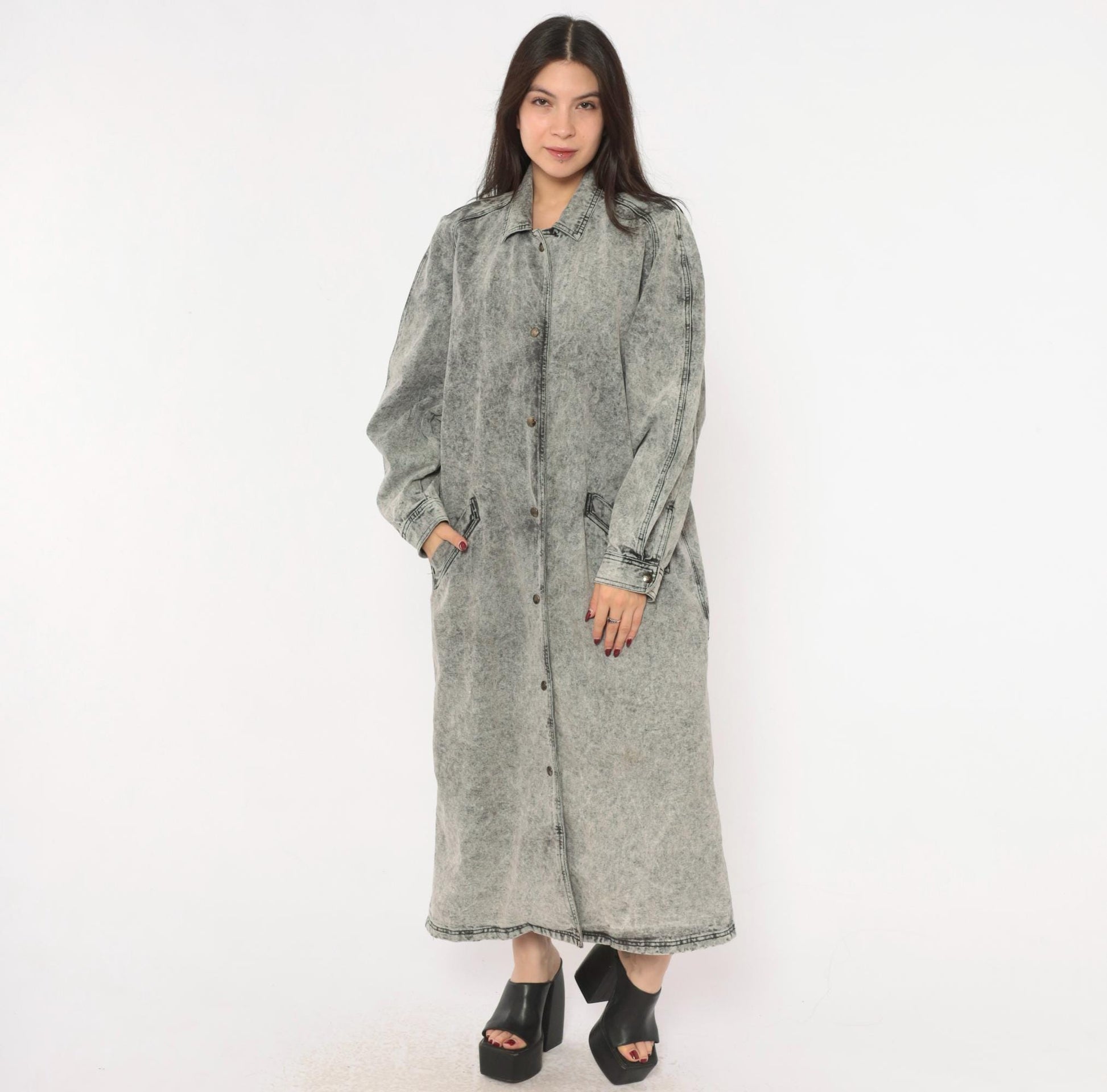 90s Acid Wash Denim Duster Grey Snap Front Maxi Jacket Cotton Medium M