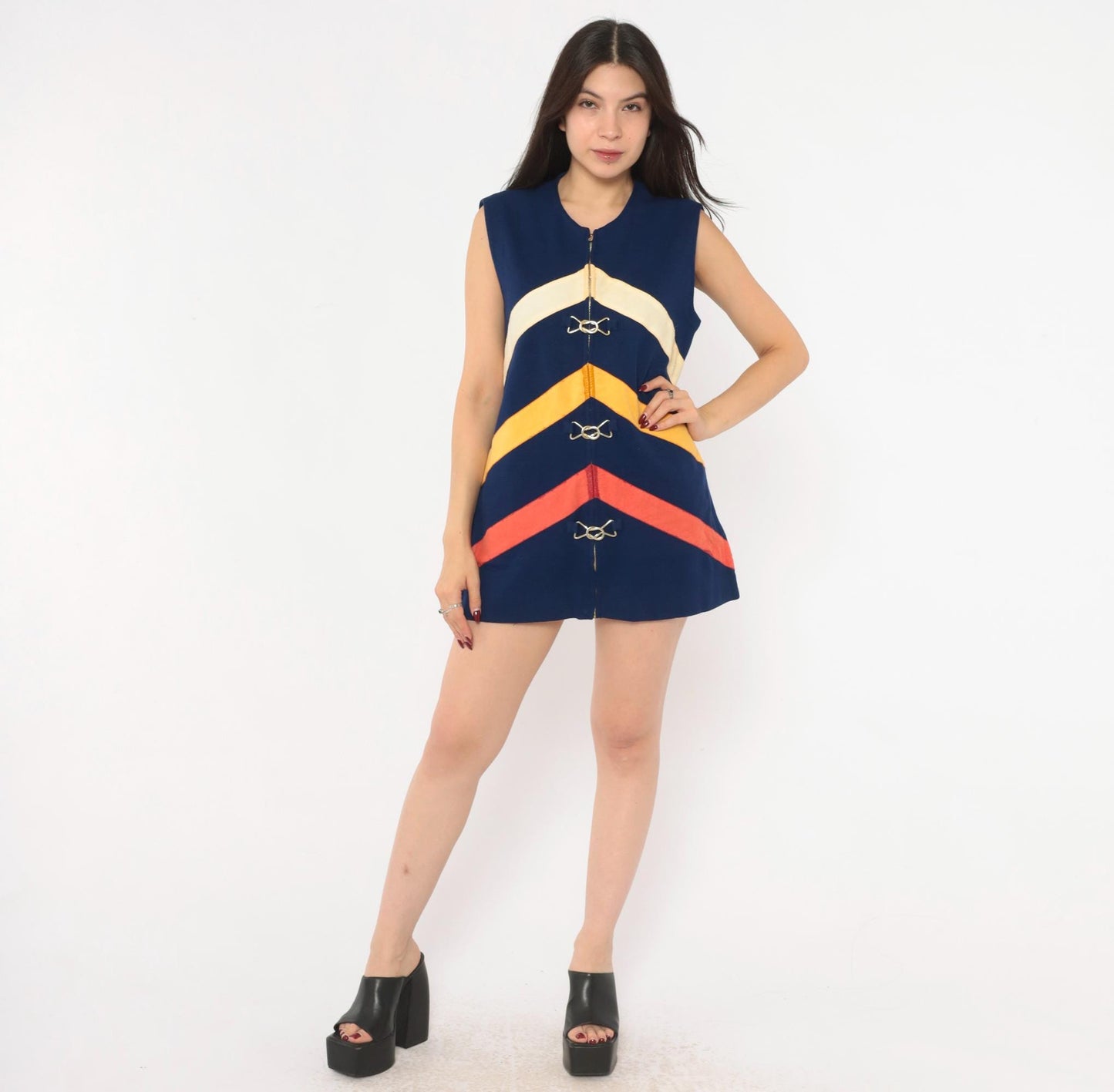 60s Di Costa Wool Chevron Stripe Mini Dress Navy Cream Gold Coral Zip Front Medium