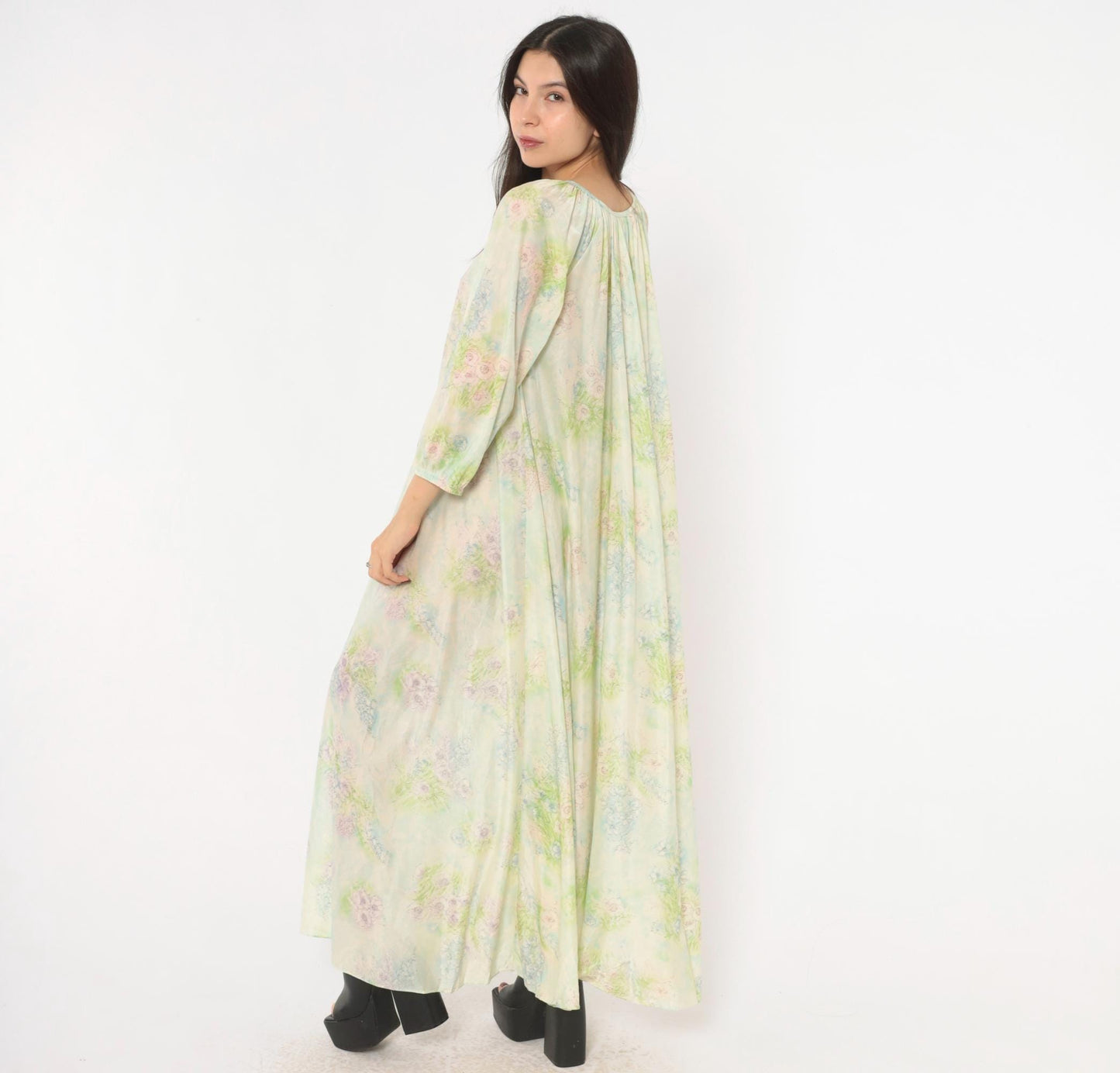 70s Floral Watercolor Maxi Nightgown Lavender Pink Blue Balloon Sleeve Medium M