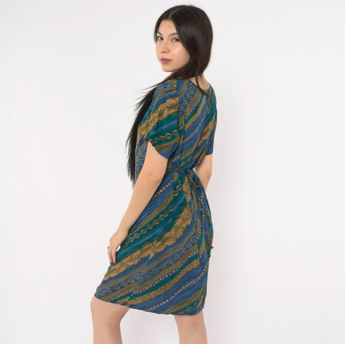 90s Tribal Geometric Sundress Blue Teal Gold Diagonal Stripe A-Line Medium M