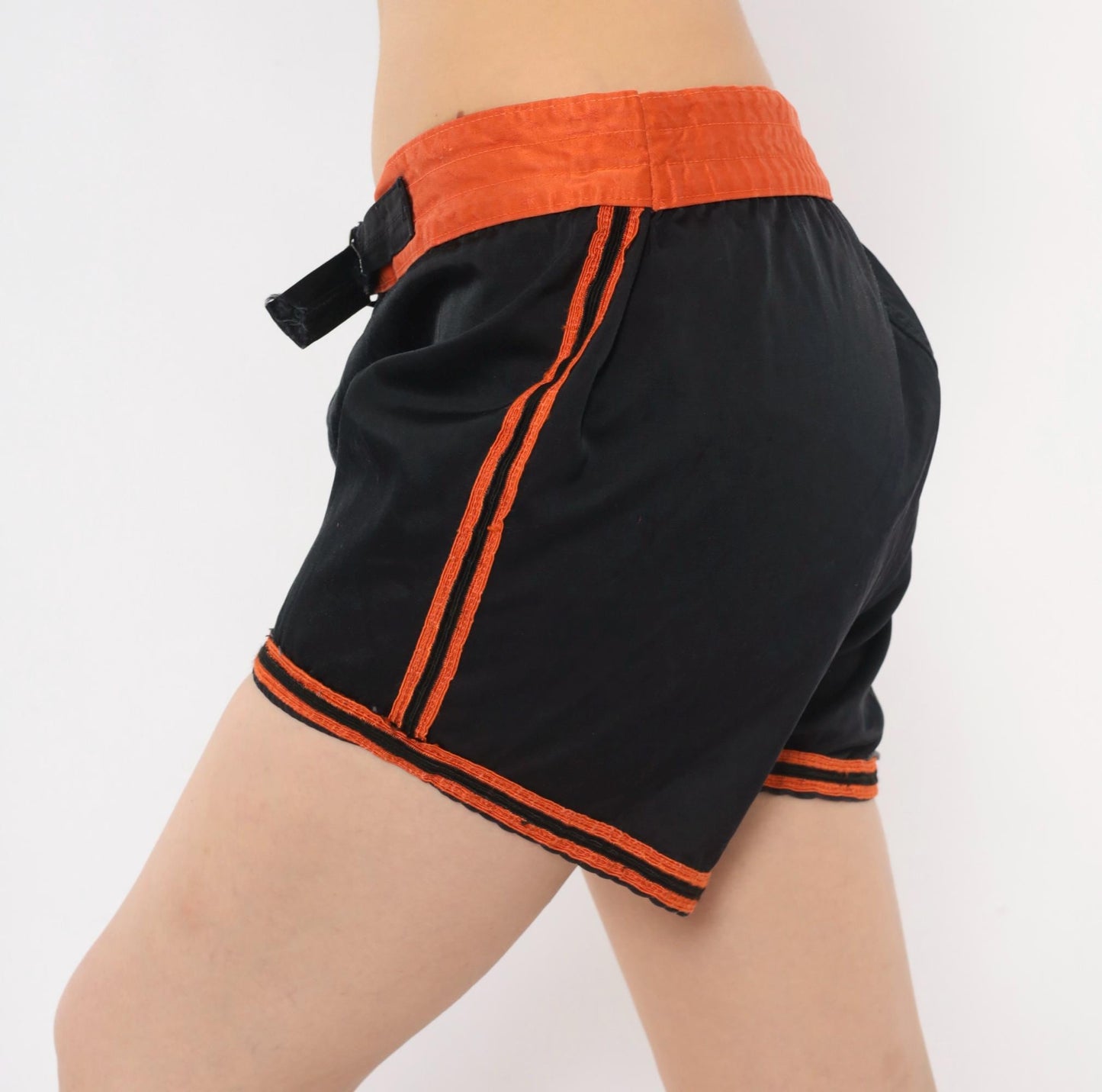 70s Mason Black Athletic Shorts Orange Stripe High-Waist Dolphin Medium M