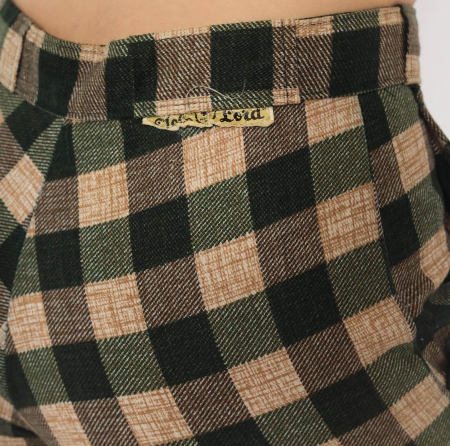 70s Tale Lord Green Tan Buffalo Check Flare Pants High Waist Extra Small XS