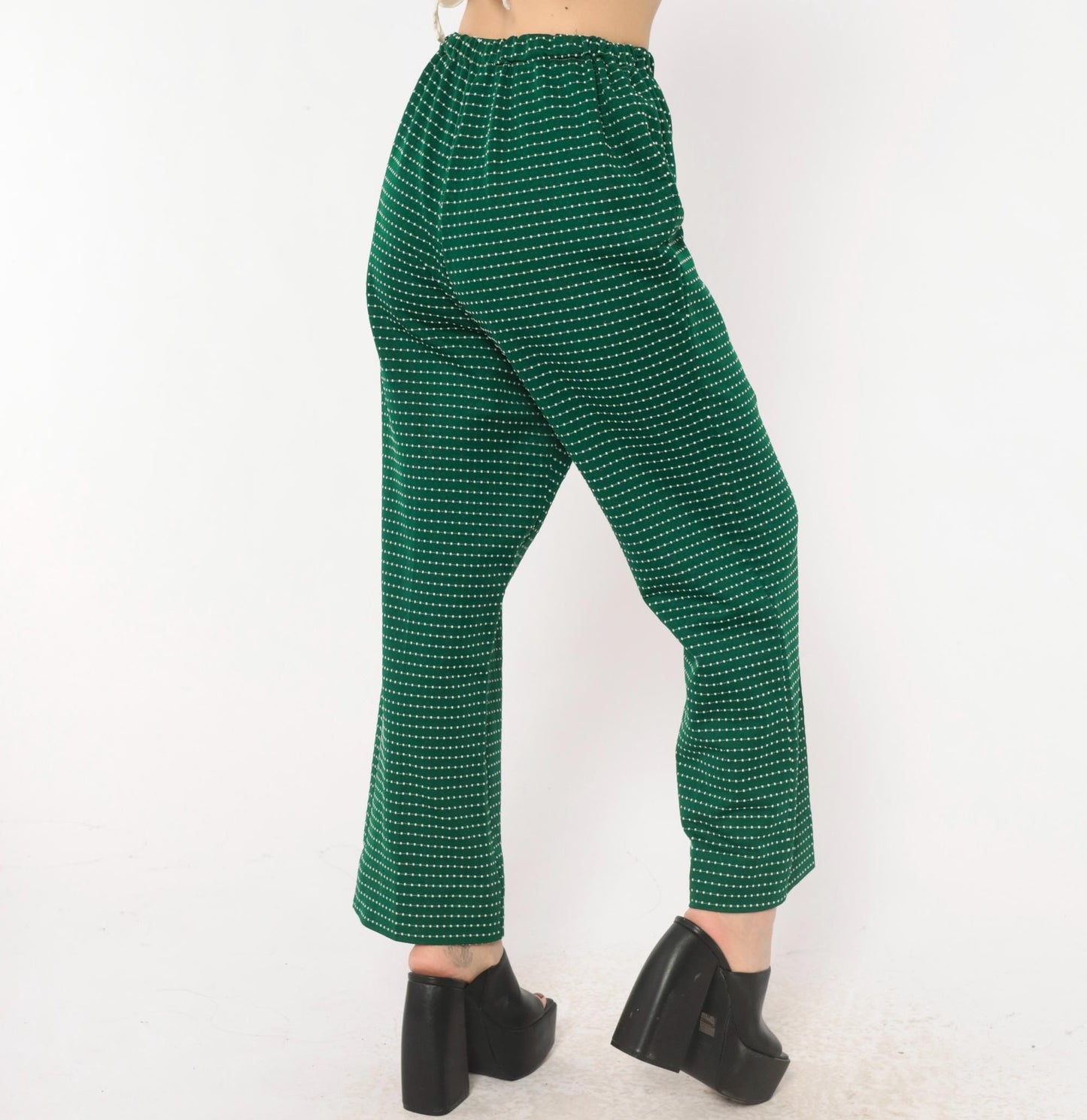 70s Green White Dotted Stripe Pull-On Trousers High Rise Wide Leg Small Medium