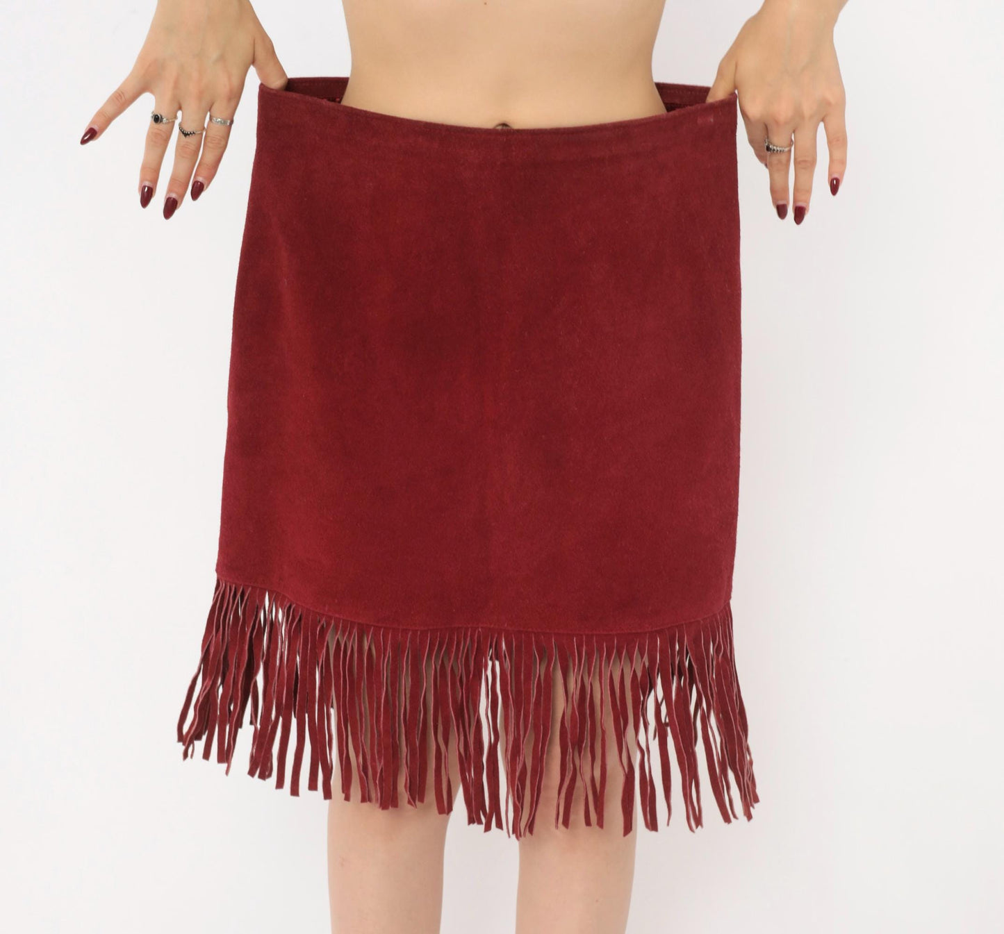 80s Passport Burgundy Suede Fringe A-Line Skirt High Waist Knee Length Large