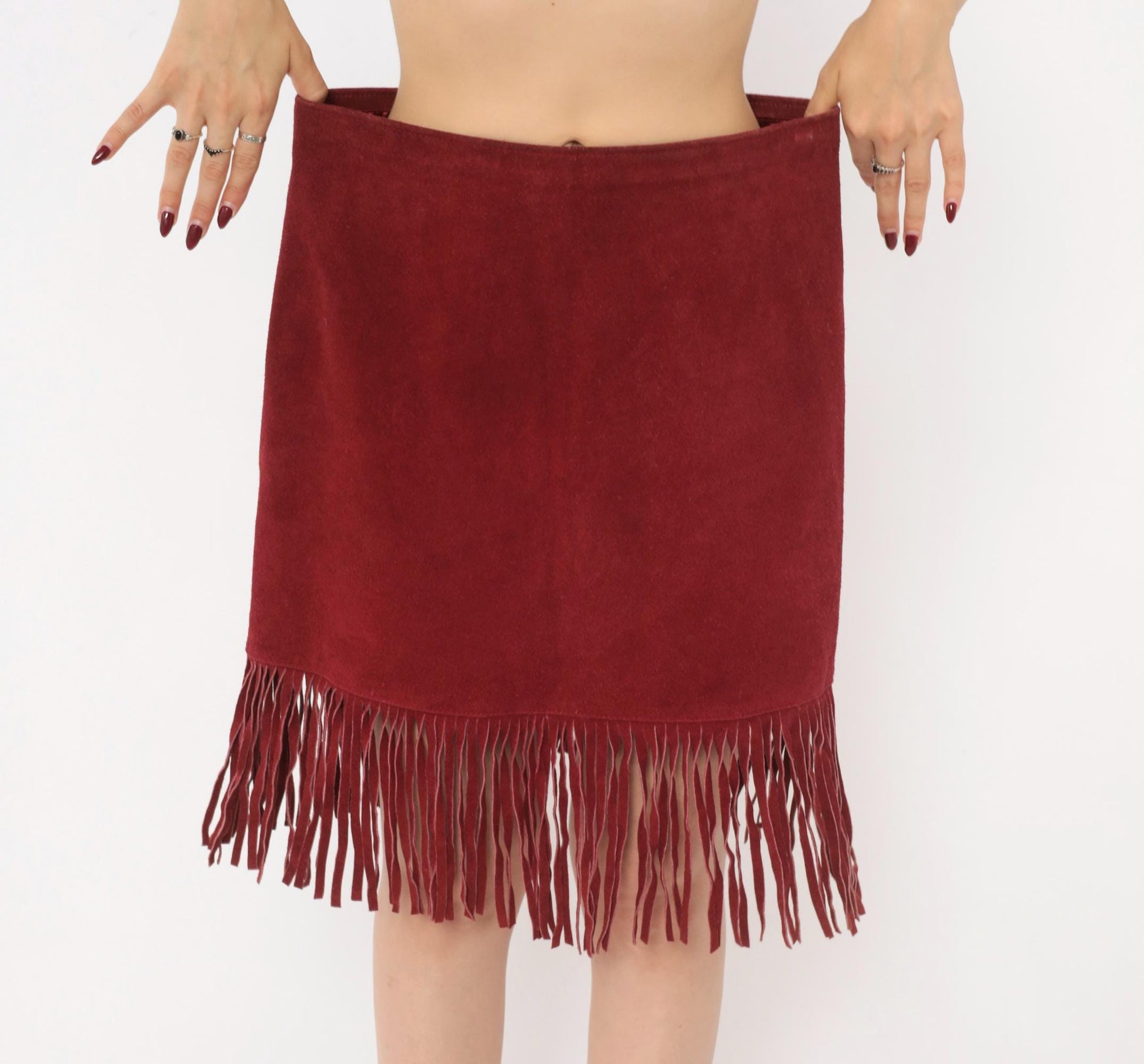 80s Passport Burgundy Suede Fringe A-Line Skirt High Waist Knee Length Large