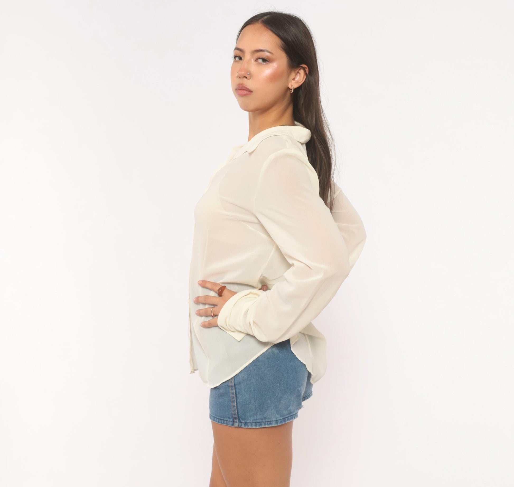 Y2K NY&Co Sheer Cream Button-Front Blouse Pointed Collar Long Sleeve Extra Large XL