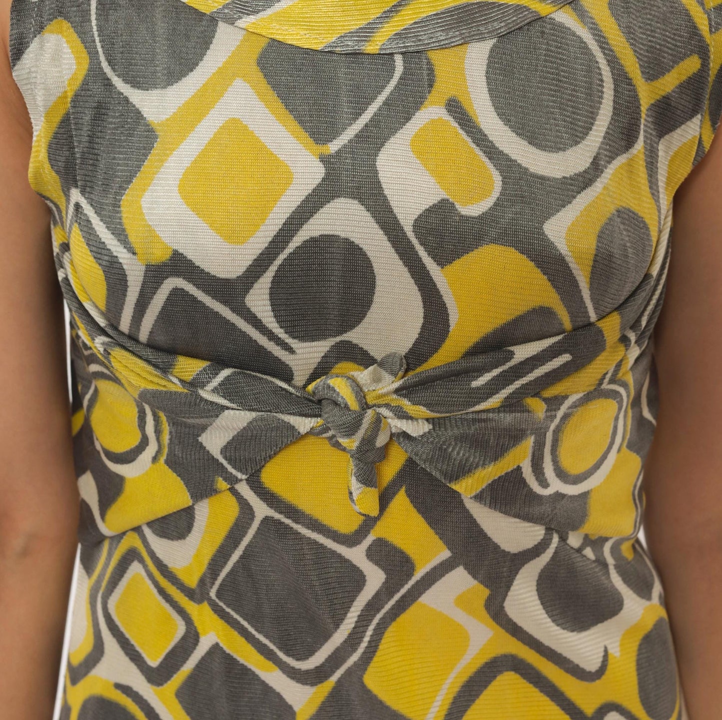 1960s Space Age Mod Mini Dress Yellow Grey Geometric Print Tie Waist Extra Small XS