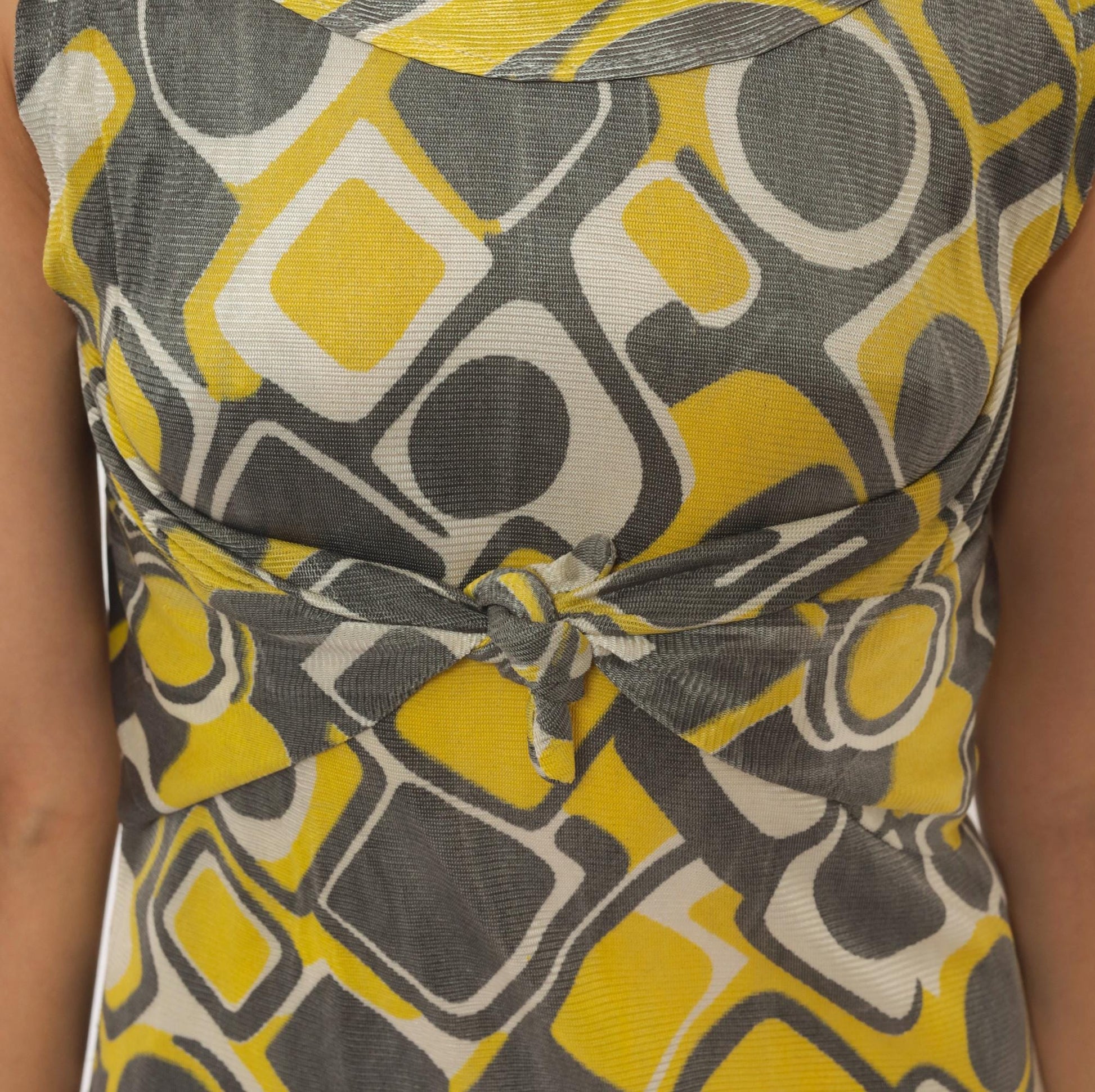 1960s Space Age Mod Mini Dress Yellow Grey Geometric Print Tie Waist Extra Small XS