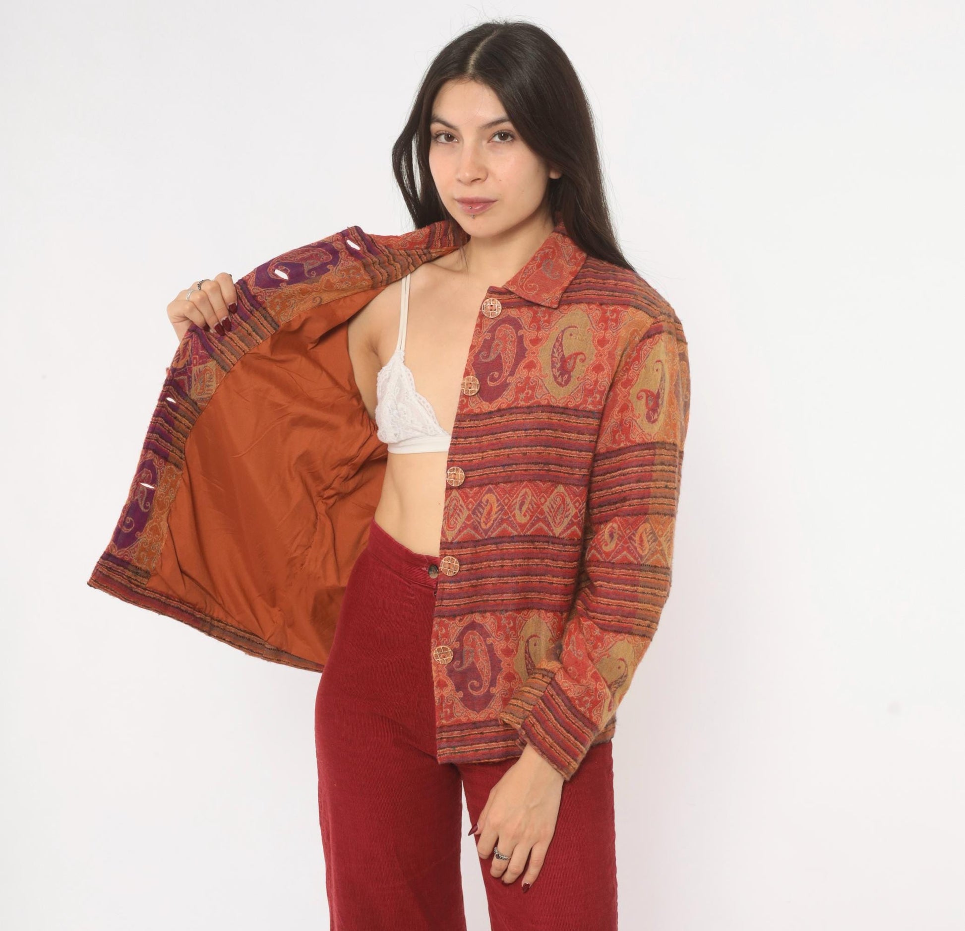 2000s Coldwater Creek Paisley Wool Jacket Rust Copper Plum XS