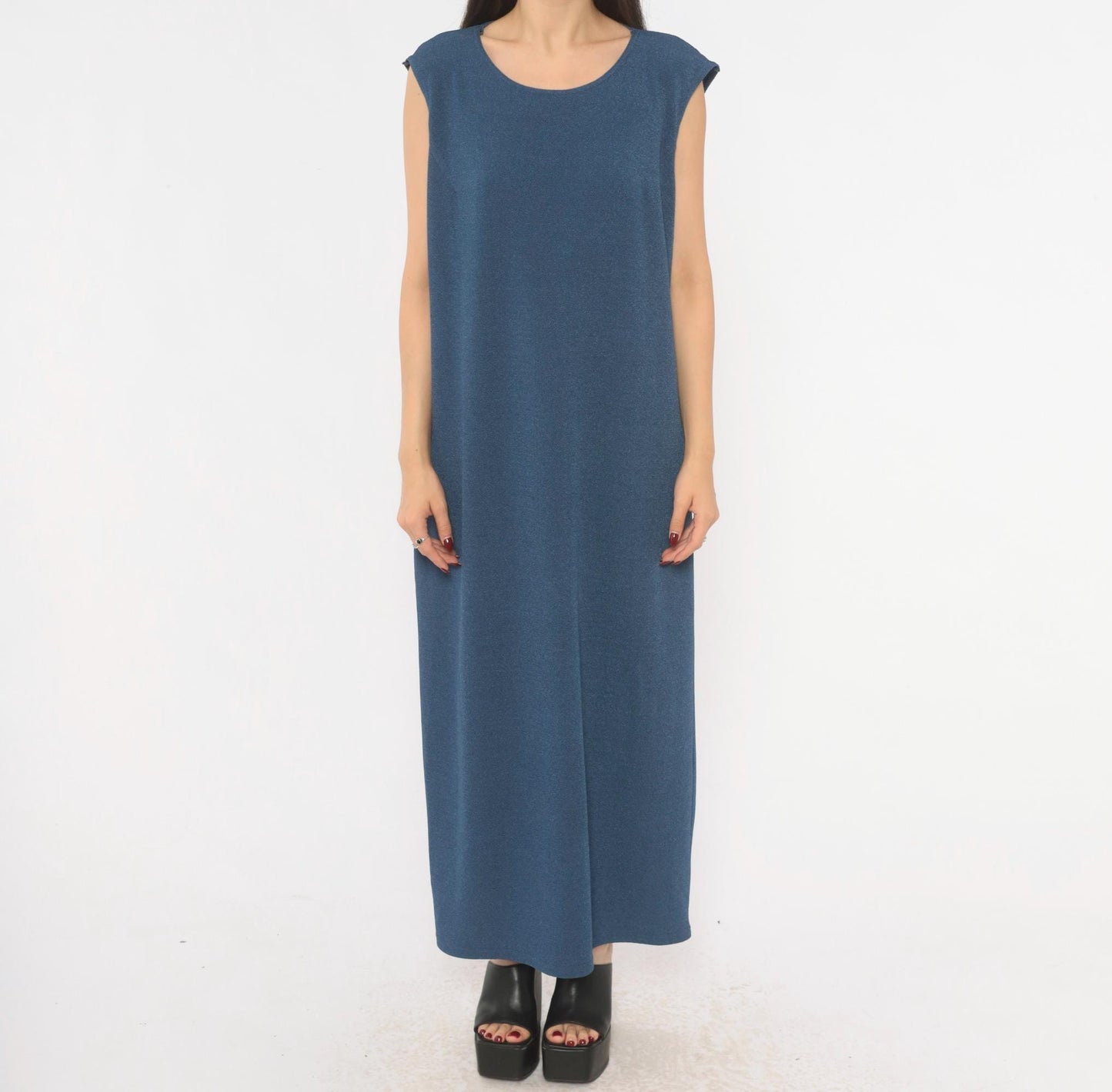 90s Slate Blue Sleeveless Maxi Dress Column Shift Scoop Neck Extra Large XL