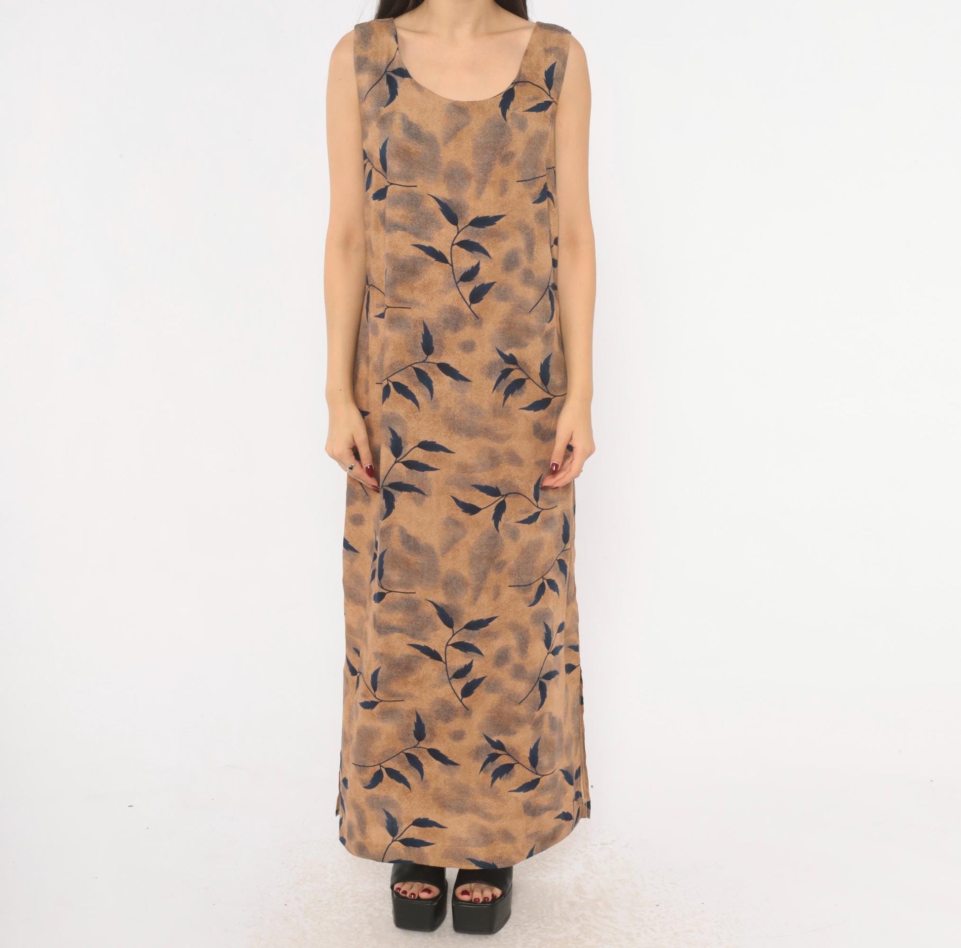 90s Miss Dorby Leaf Print Maxi Dress Tan Navy Sleeveless Medium M
