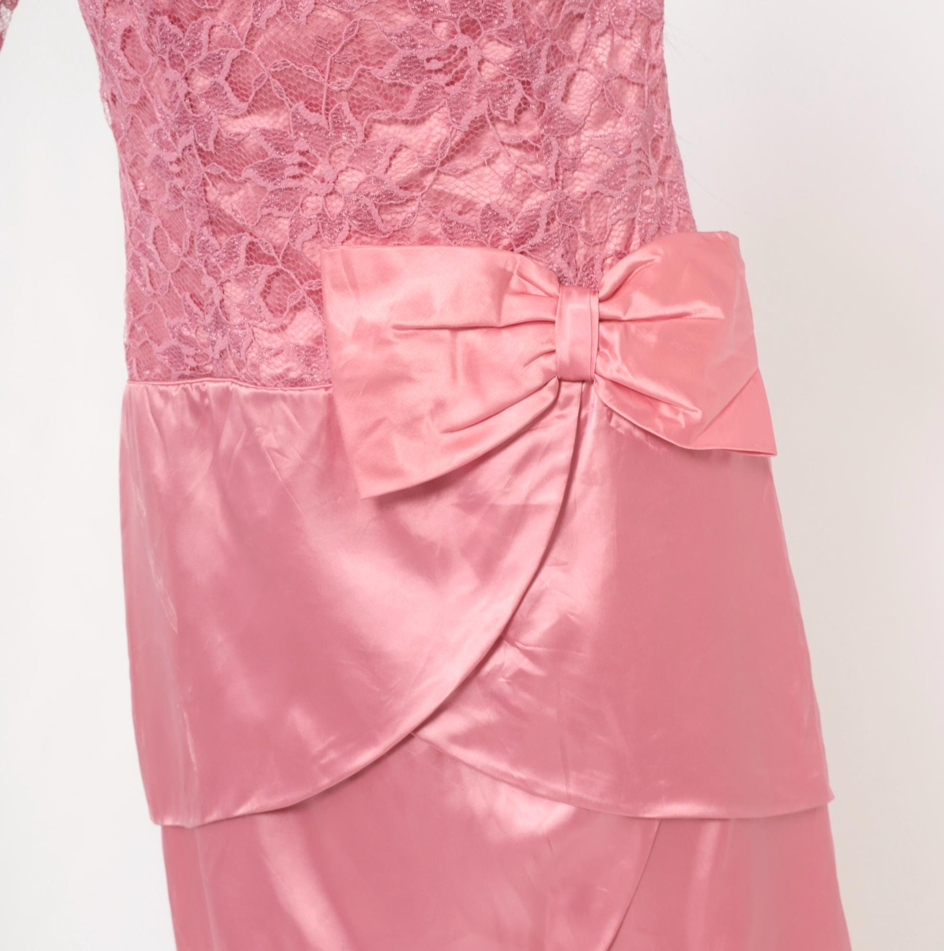 80s Pink Lace Satin Dress Puff Sleeve Bow Tiered Tulip Skirt Large L