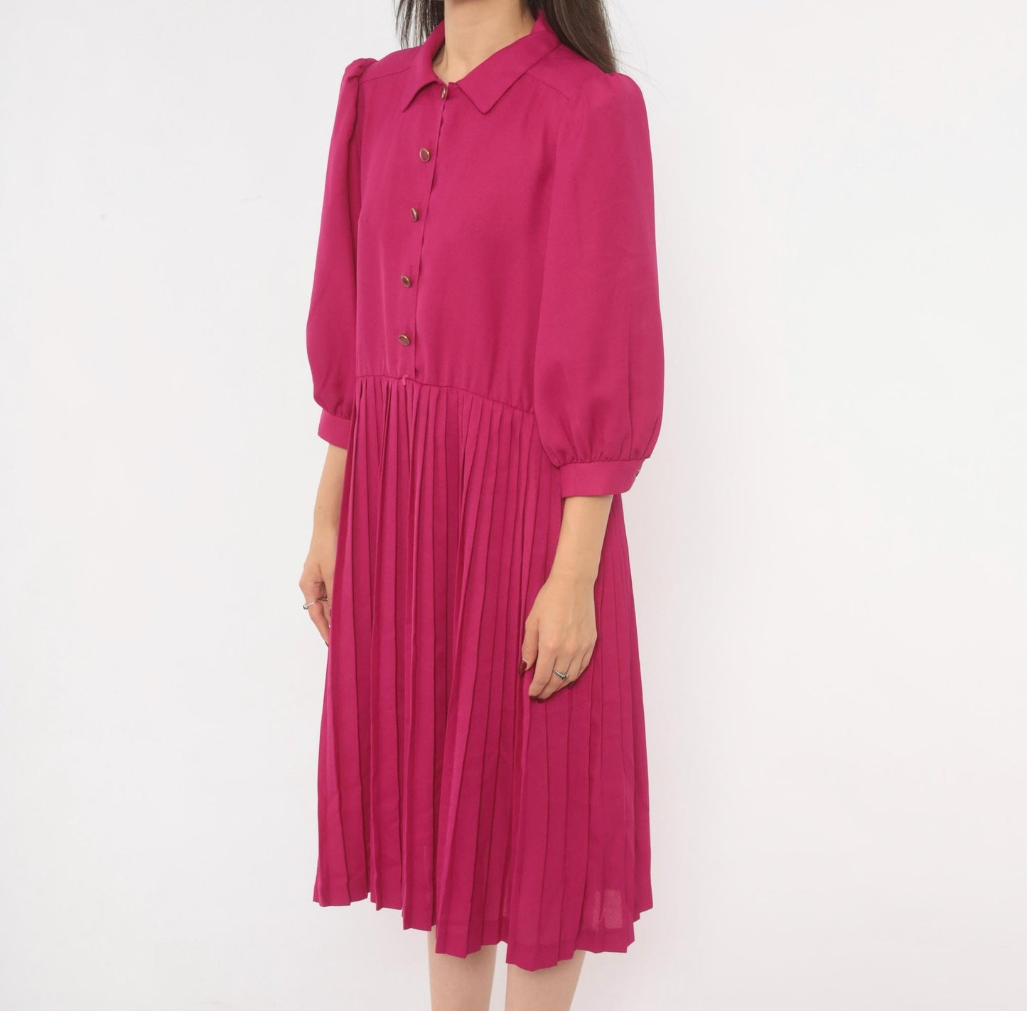 80s Sabino Petites Fuchsia Pleated Shirt Dress Puff Sleeve Knee Length Small