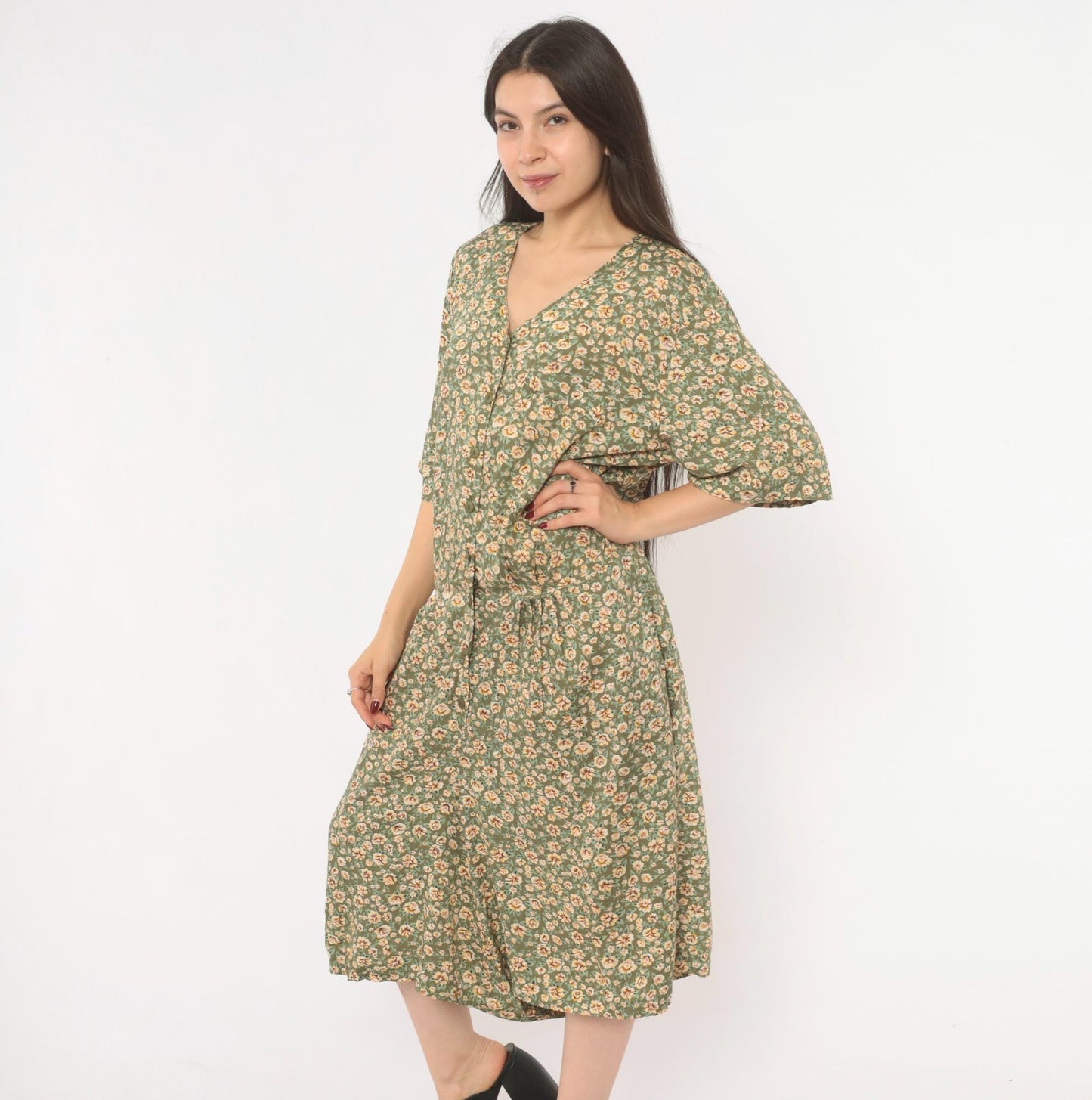 90s Westport Ltd. Floral Midi Romper Button Front Calico Print Olive Cream Extra Large XXL