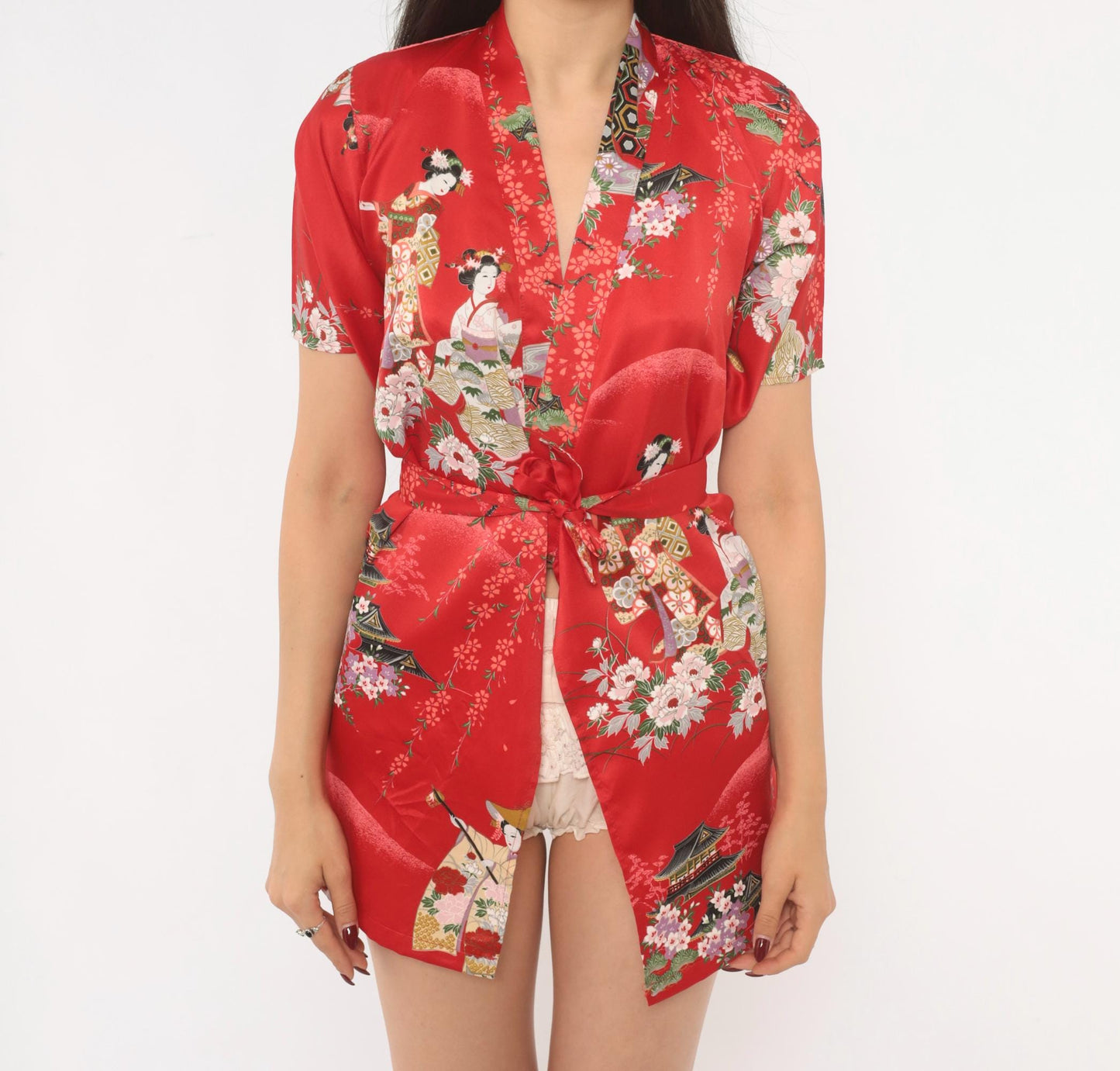 90s Red Geisha Cherry Blossom Satin Kimono Robe Mini XXS