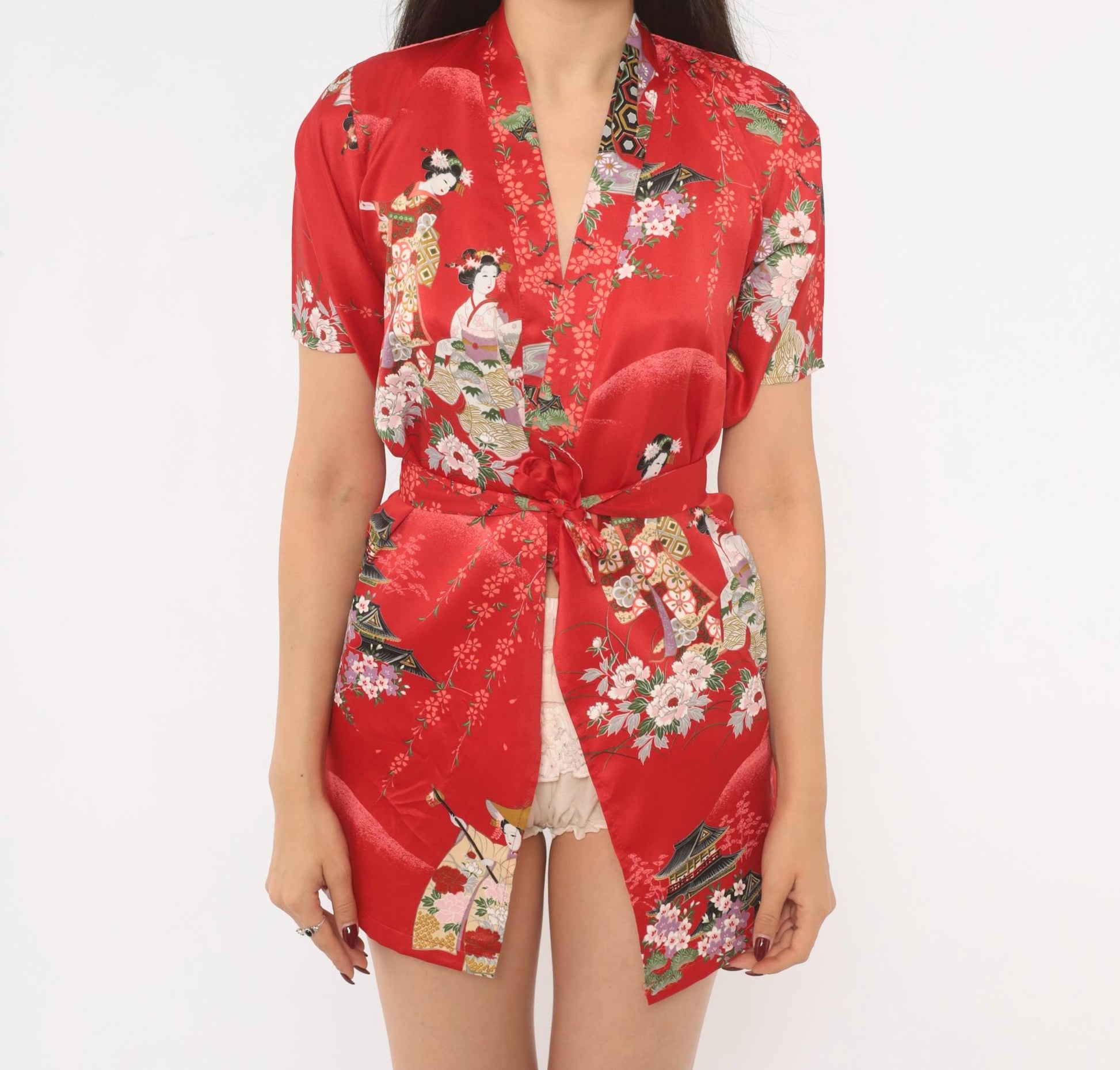 90s Red Geisha Cherry Blossom Satin Kimono Robe Mini XXS