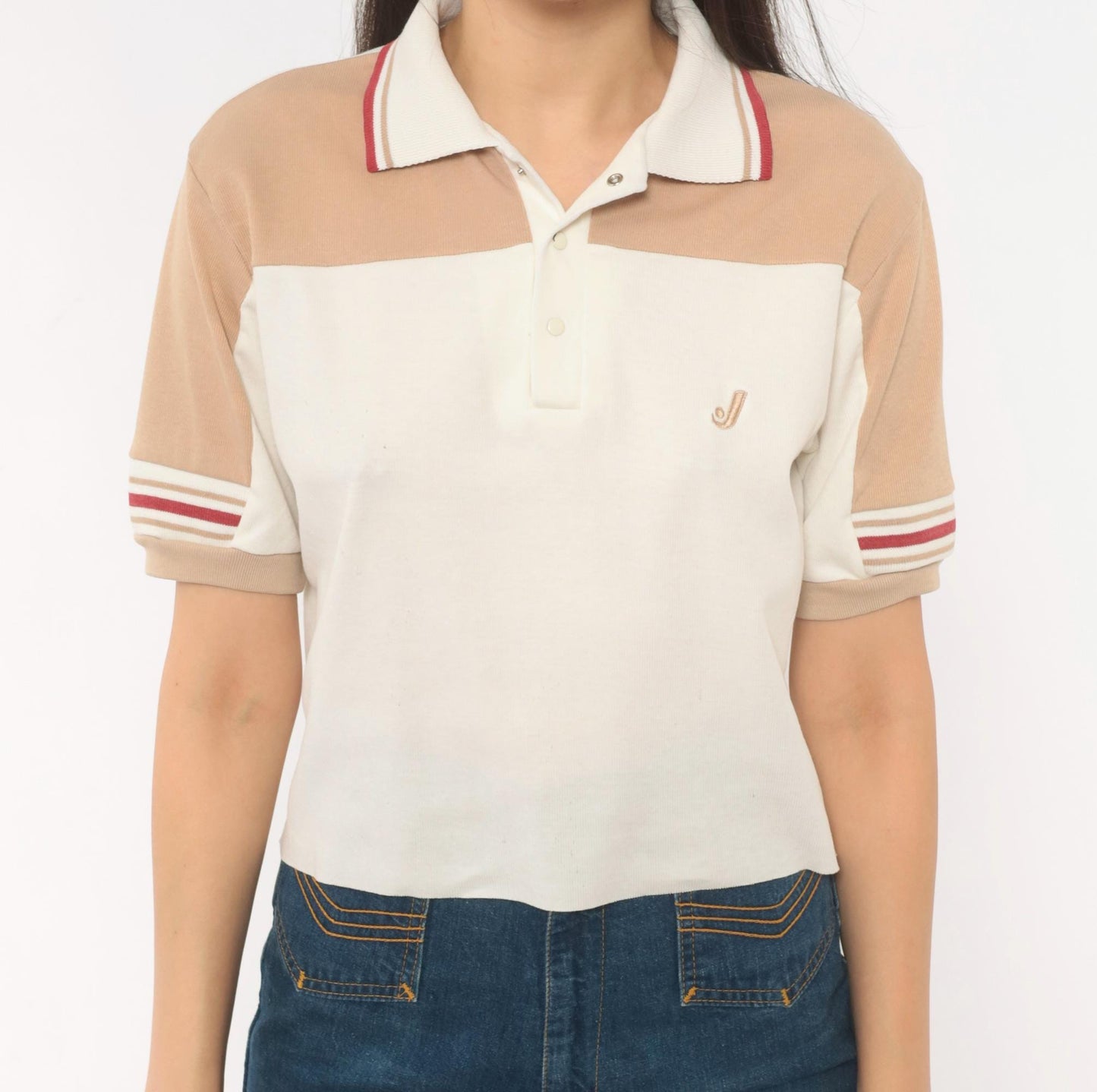 80s Jantzen Polo Cream Tan Color Block Snap Button Knit Top Small S