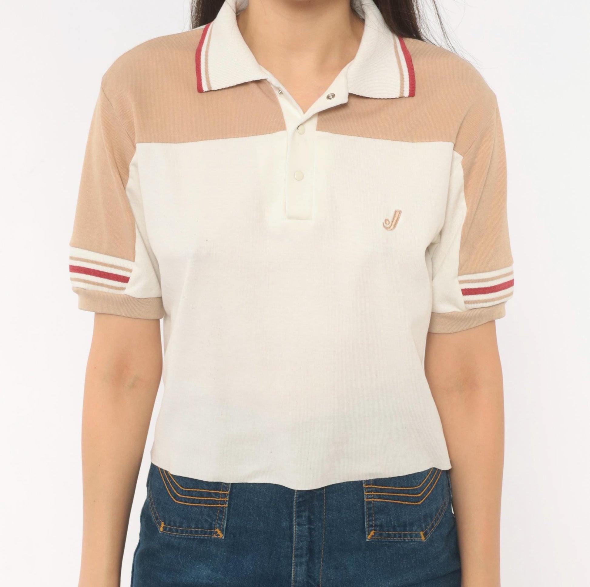 80s Jantzen Polo Cream Tan Color Block Snap Button Knit Top Small S