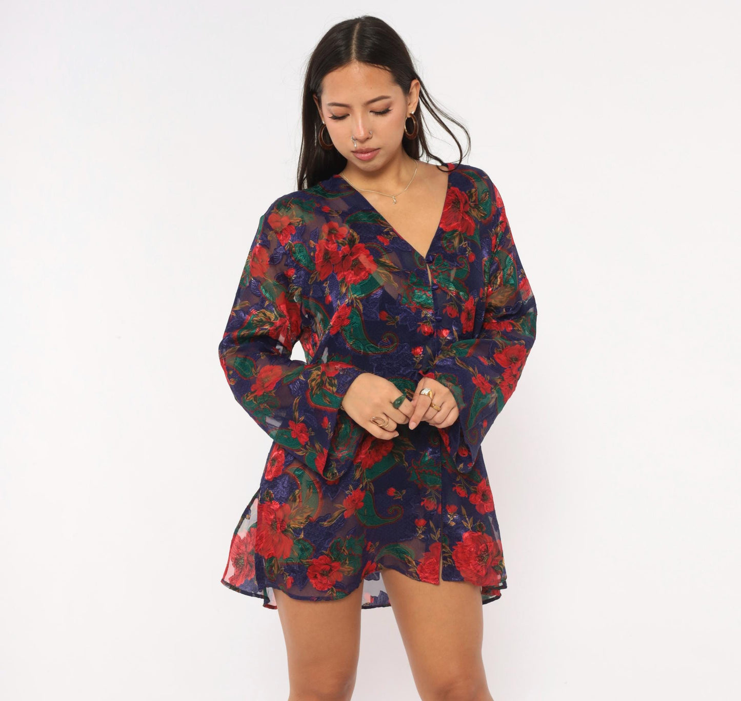 90s Victoria's Secret Sheer Robe Navy Red Floral Bell Sleeve Button Front Medium