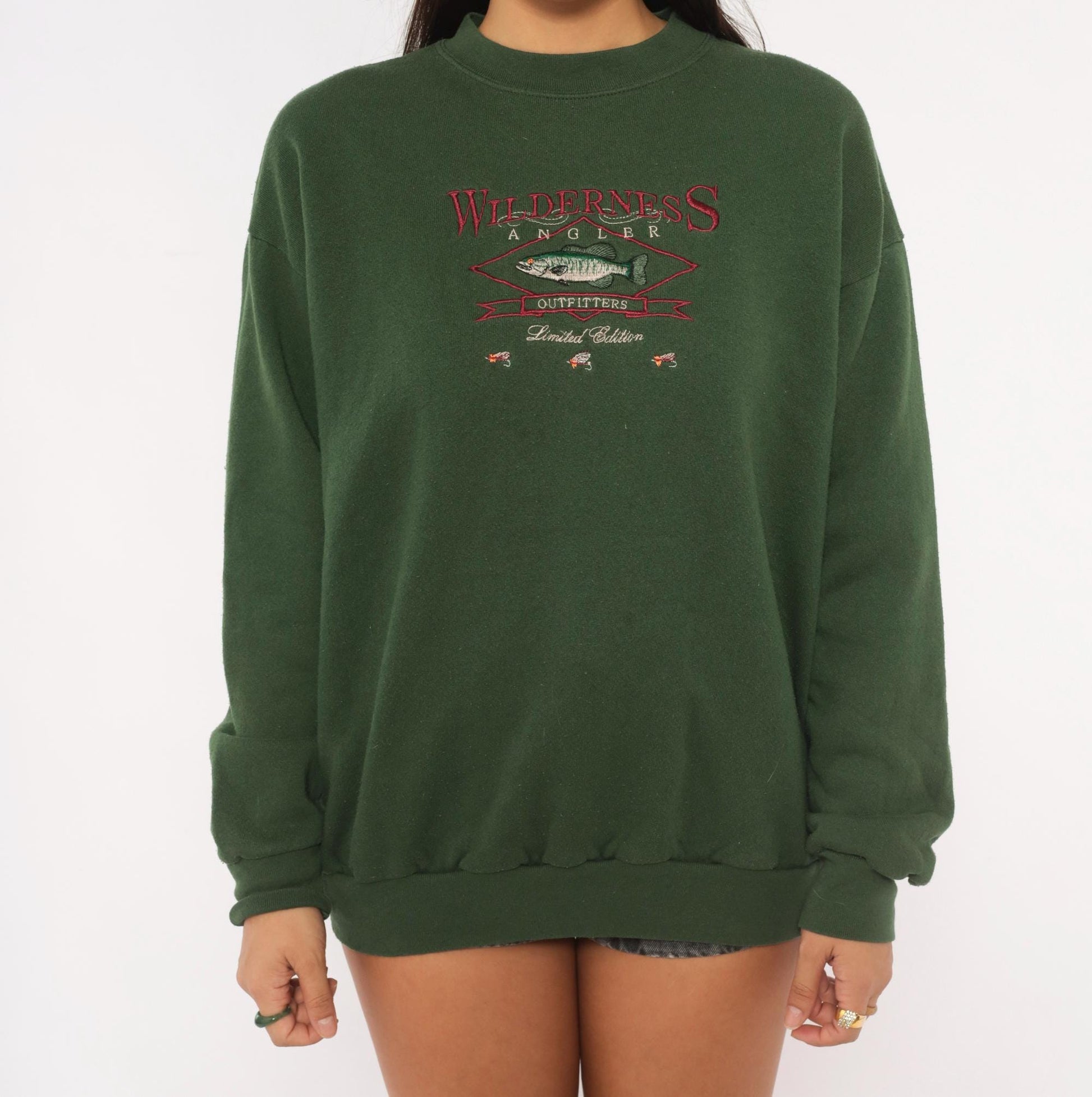 90s Tultex Wilderness Angler Embroidered Fish Sweatshirt Olive Green Large L