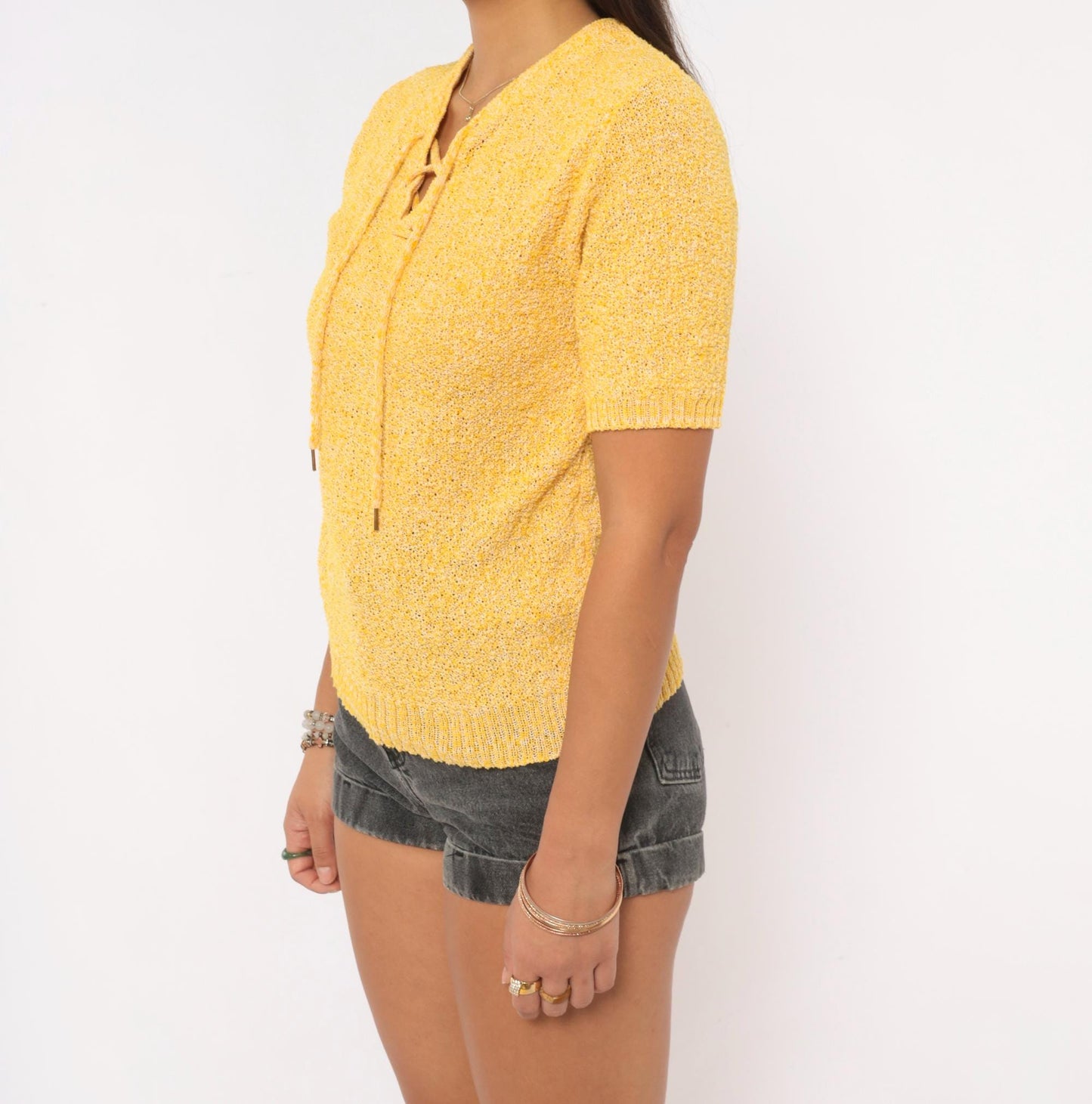 70s Sears Yellow Bouclé Knit Top Lace-Up V-Neck Short Sleeve Small Medium