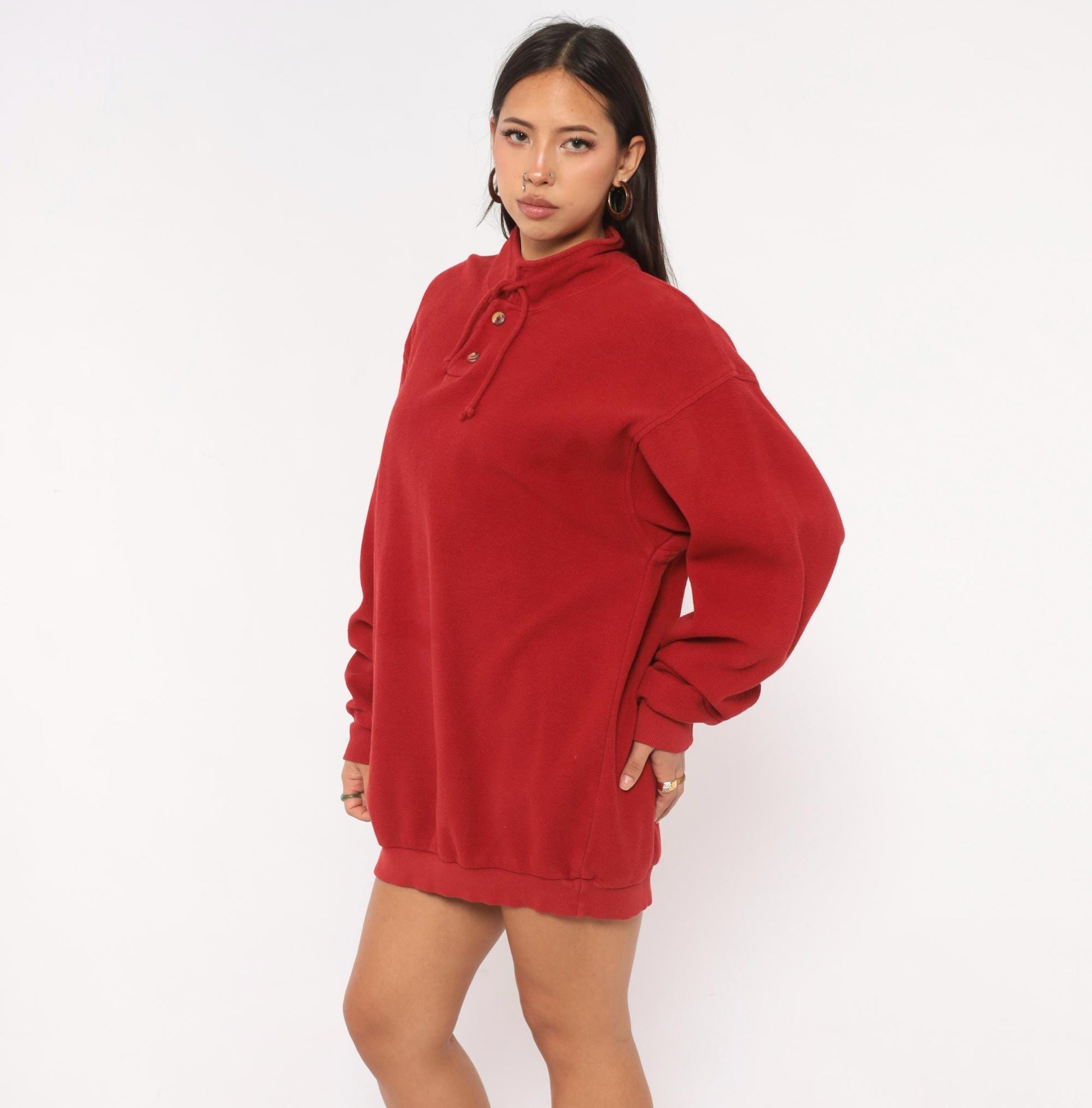 90s Crazy Shirt Cranberry Henley Sweatshirt Cotton Mock Neck Drawstring Large L