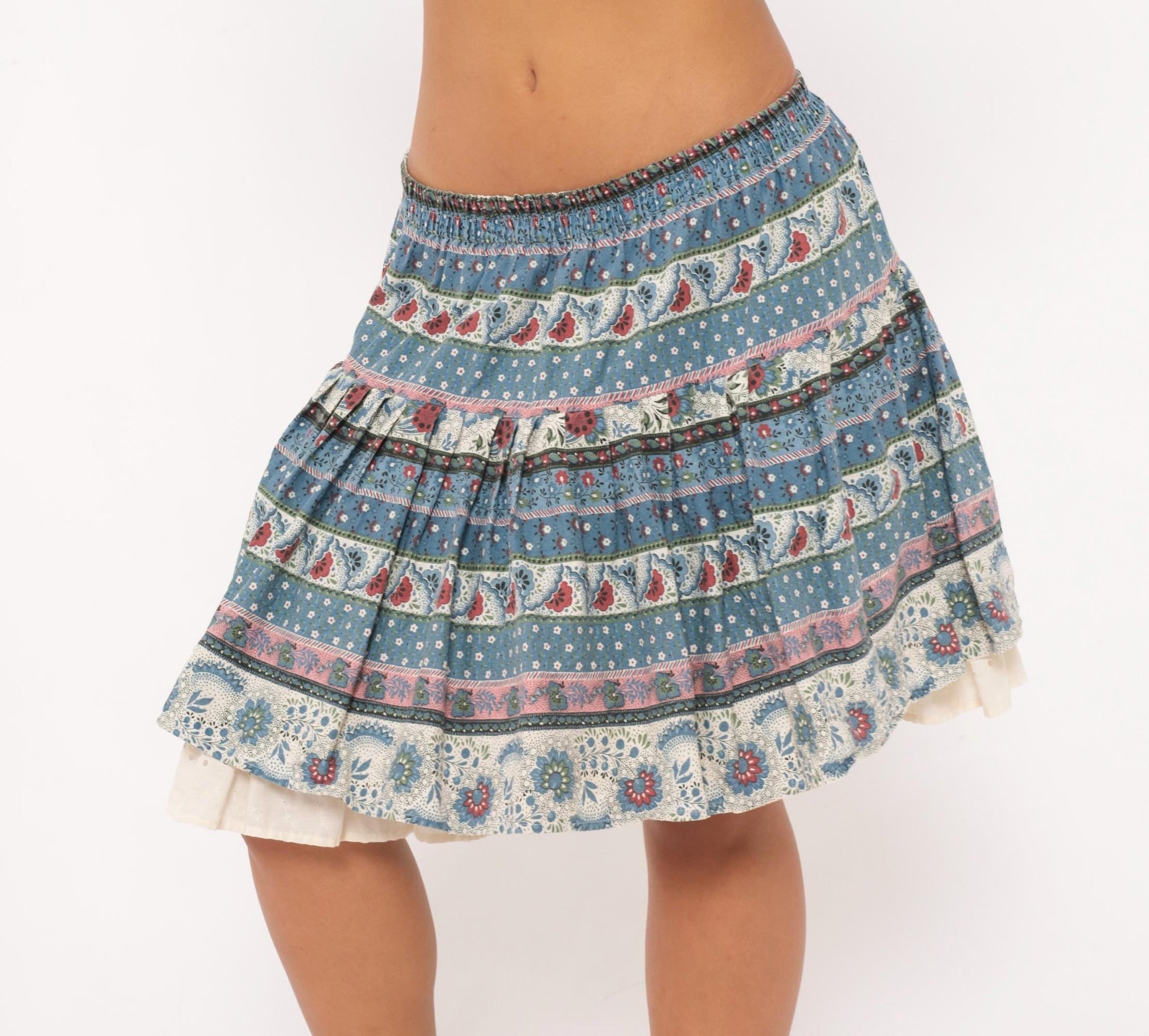 90s New Girls' Generation Tiered Prairie Skirt Blue Burgundy Floral Large L