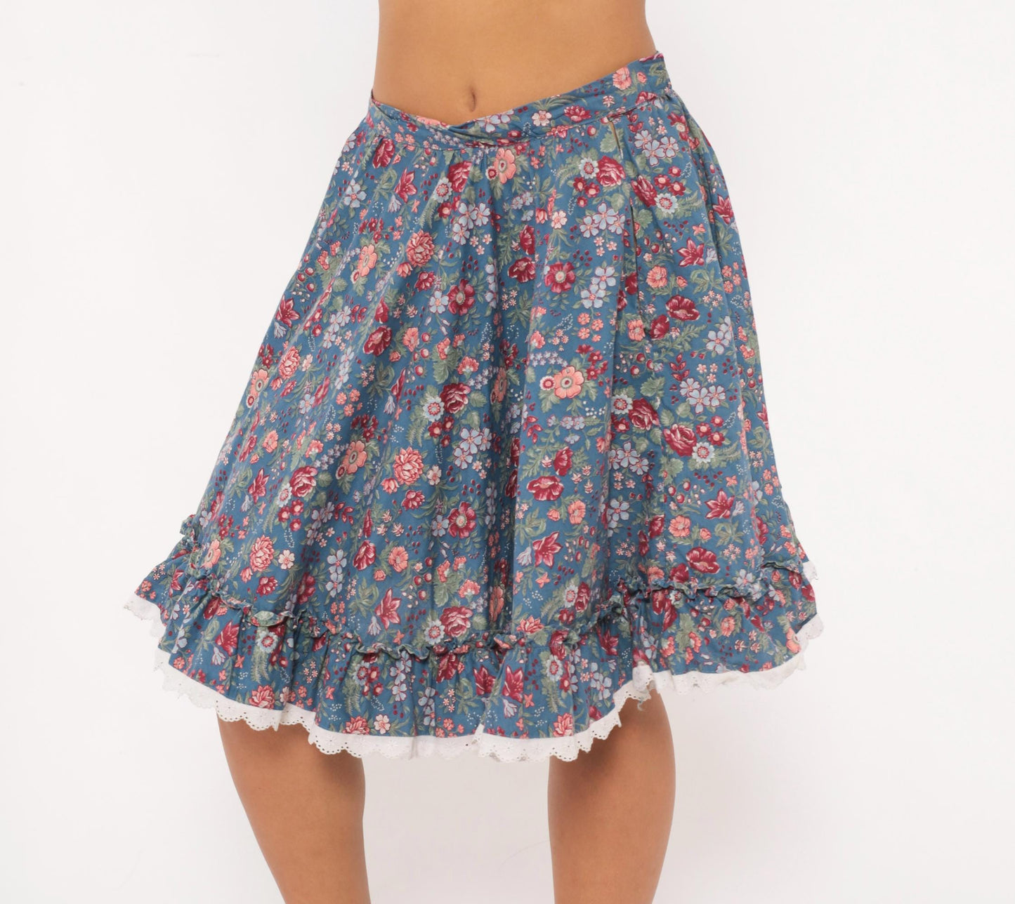80s Dusty Blue Floral Circle Skirt Cotton Ruffled Lace Trim Small S