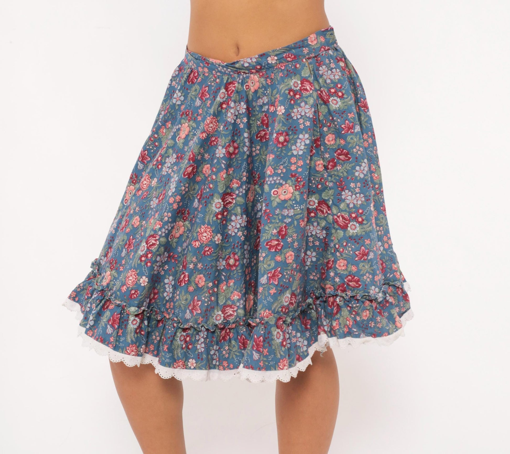 80s Dusty Blue Floral Circle Skirt Cotton Ruffled Lace Trim Small S