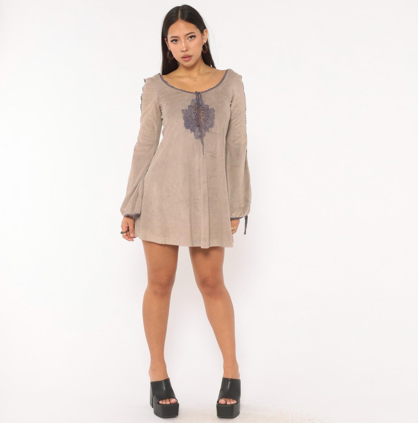 70s Grey Velour Mini Dress Purple Lace Cutout Bell Sleeve Extra Small XS