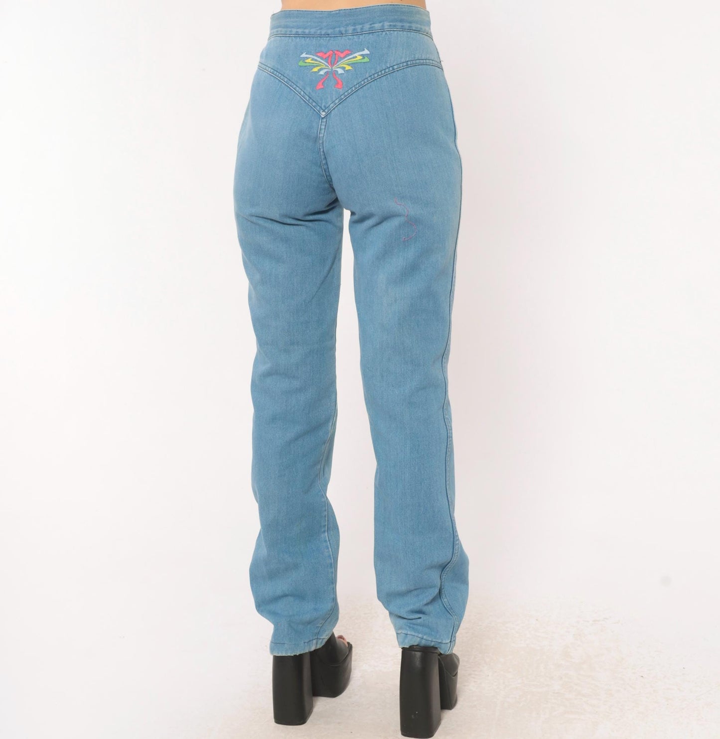 70s Glad Rags High Waist Straight Leg Jeans Light Blue Floral Embroidered Small