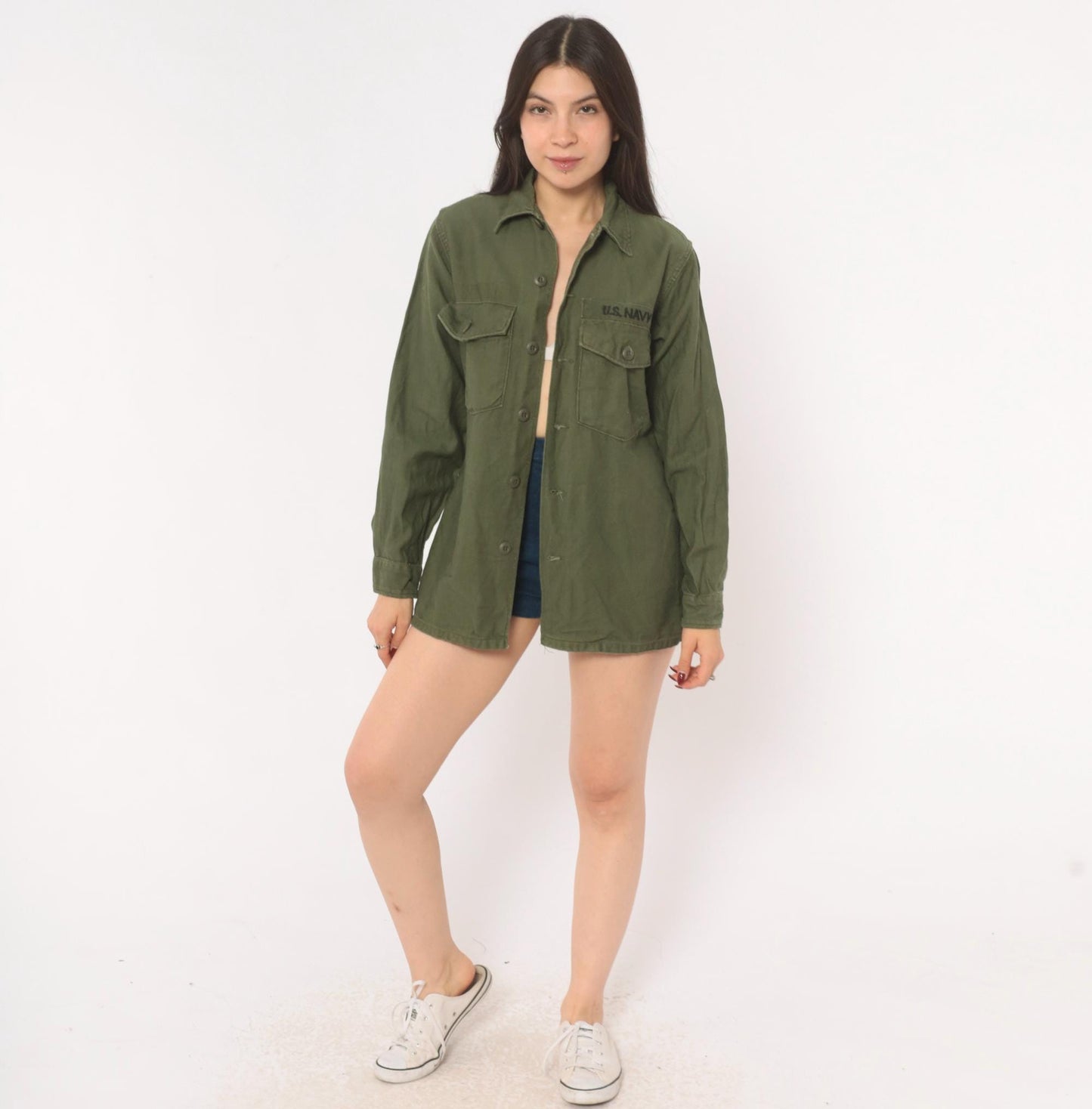80s U.S. Navy Utility Shirt Olive Drab Cotton Military Field Top Medium